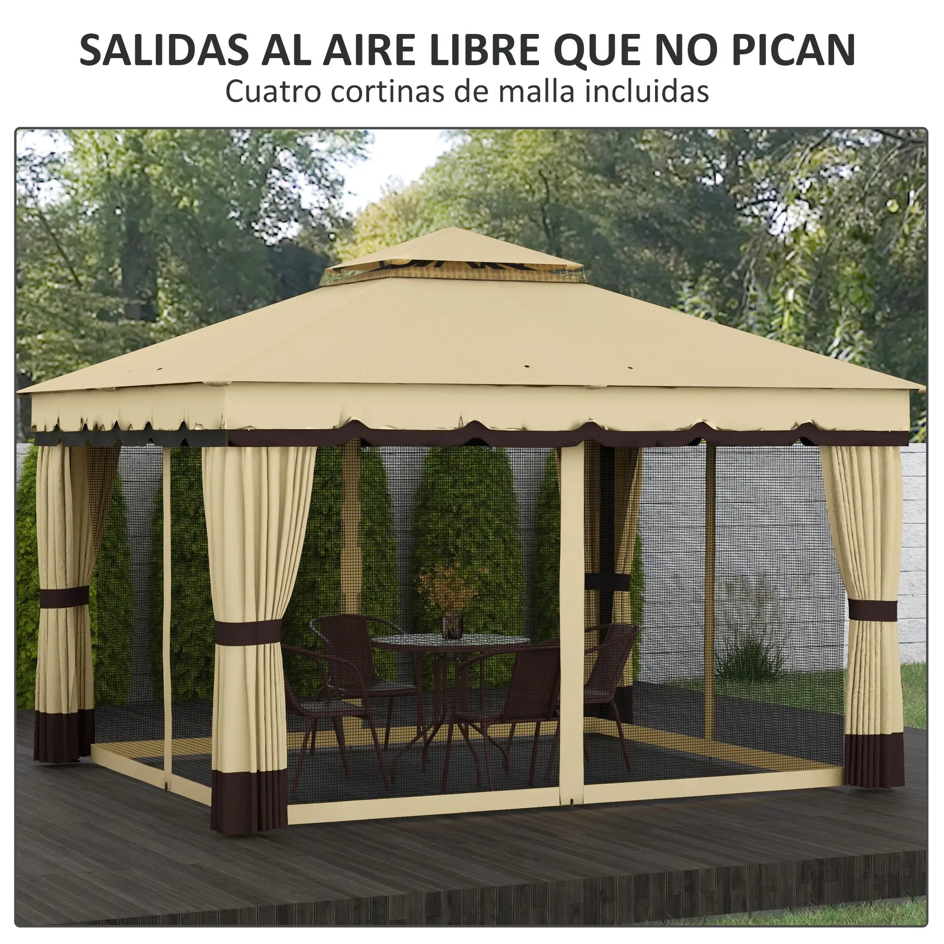 CENADOR DE JARDÍN AURORA BREEZE 3,7X3 CON CORTINAS Y MOSQUITERAS BEIGE image 1