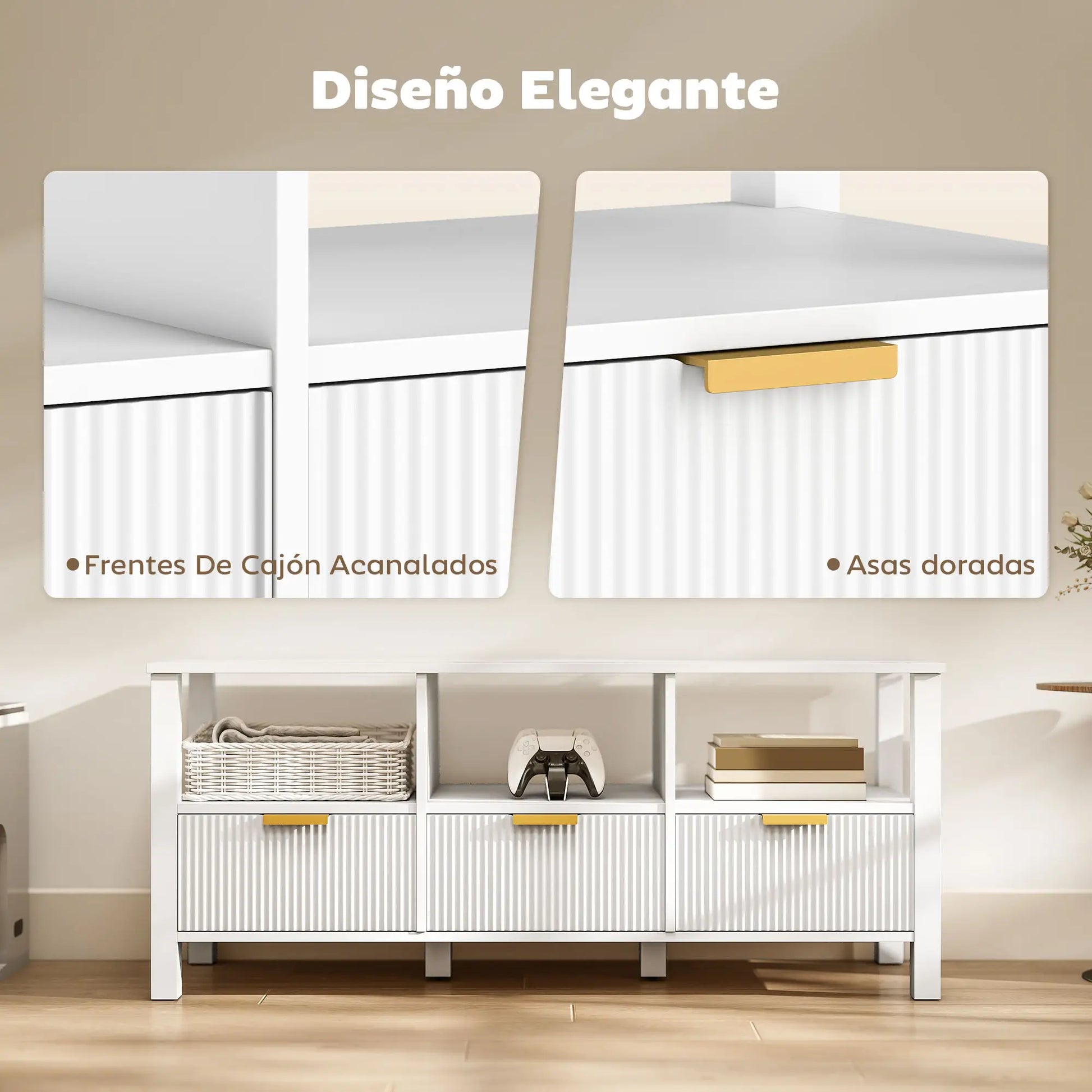 MUEBLE TV DISEÑO ESTRIADO 120 CM BLANCO & DORADO image 8