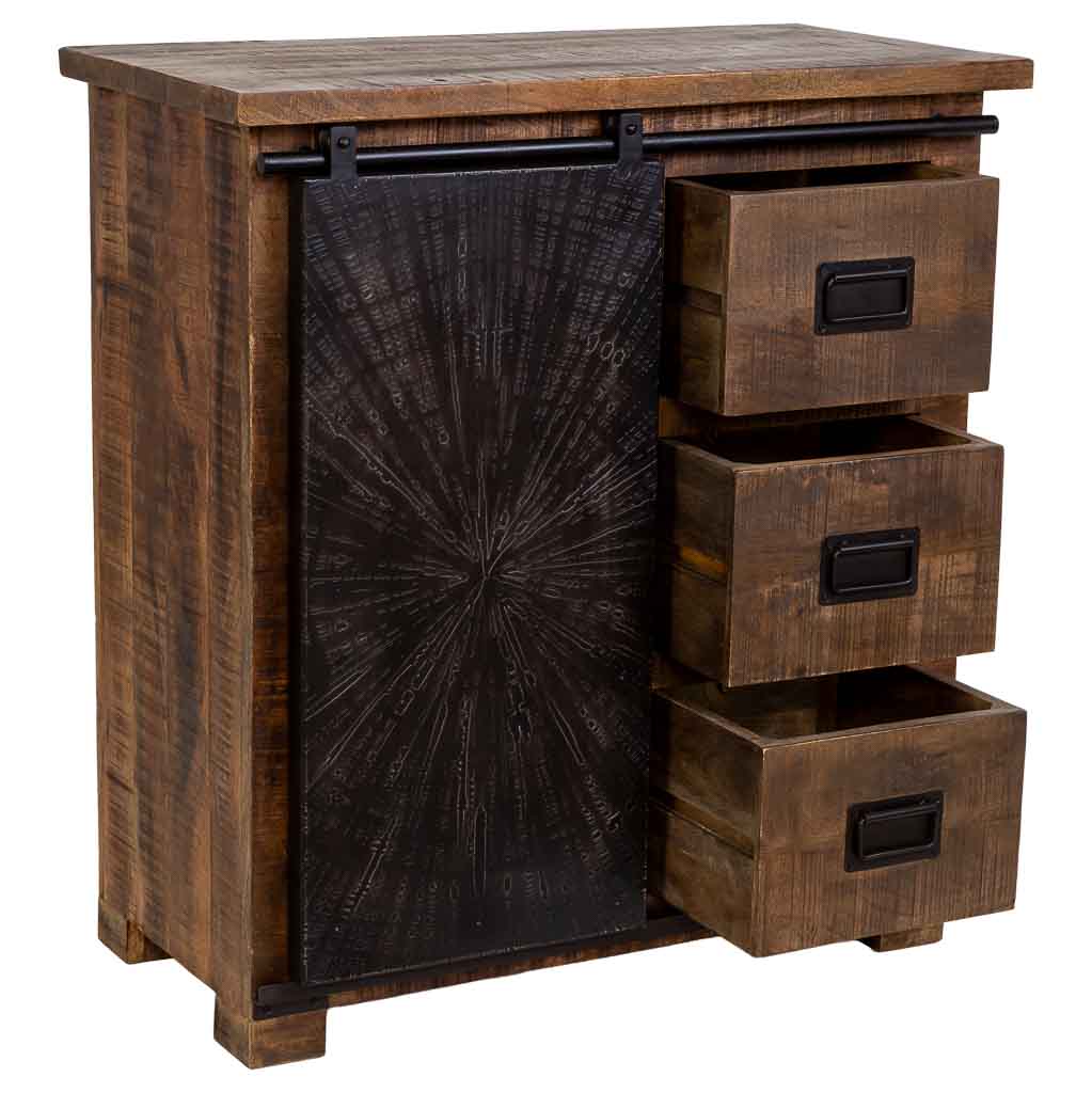CÓMODA ÓXIDO ARTESANAL DE MADERA MACIZA CON PUERTA CORREDERA Y 3 CAJONES image 2