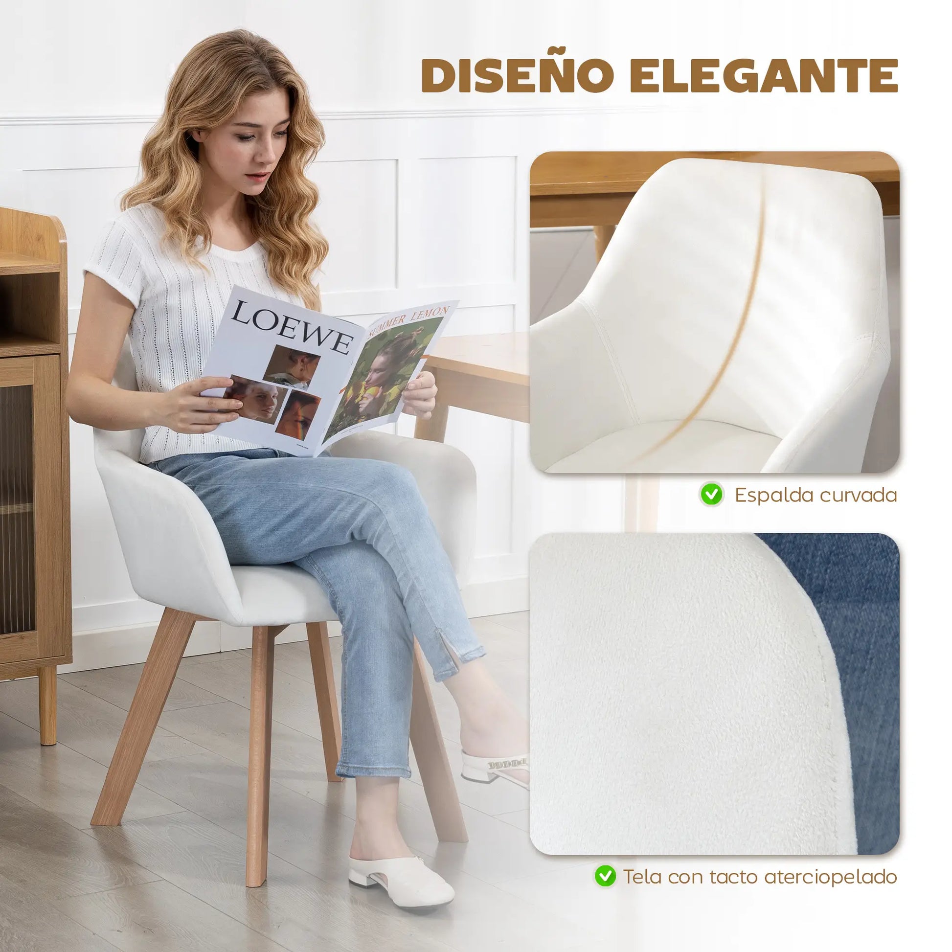 JUEGO DE 2 SILLAS DE COMEDOR MODERNAS TAPIZADAS EN TERCIOPELO – COLOR CREMA image 4