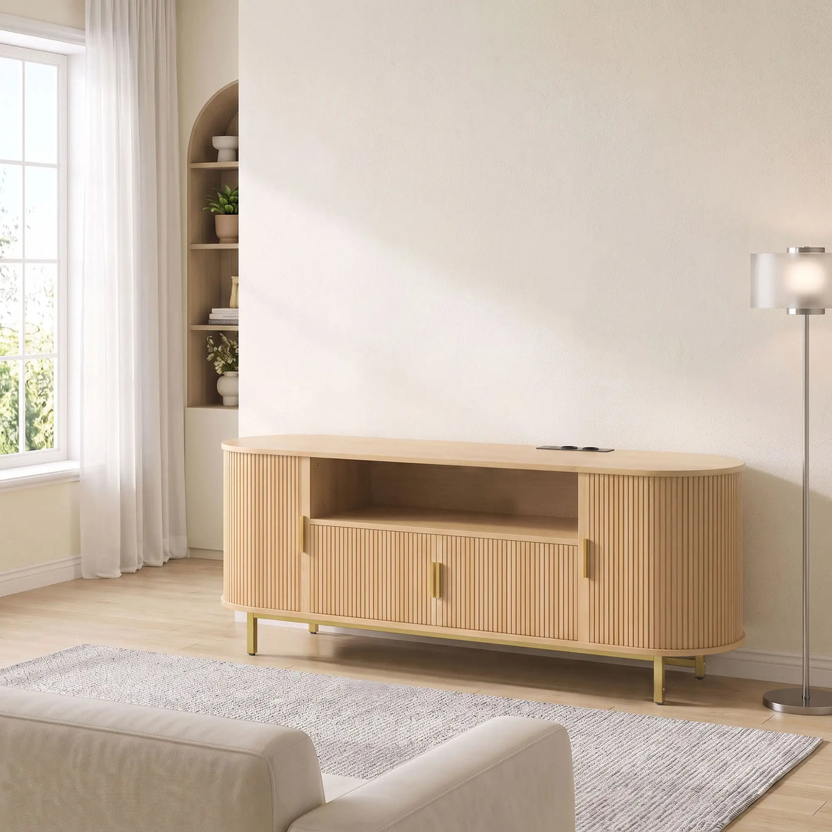 🌿 MUEBLE TV OAK CONNECT 140 – ROBLE CON PUERTAS CORREDERAS, ENCHUFES, USB Y USB-C