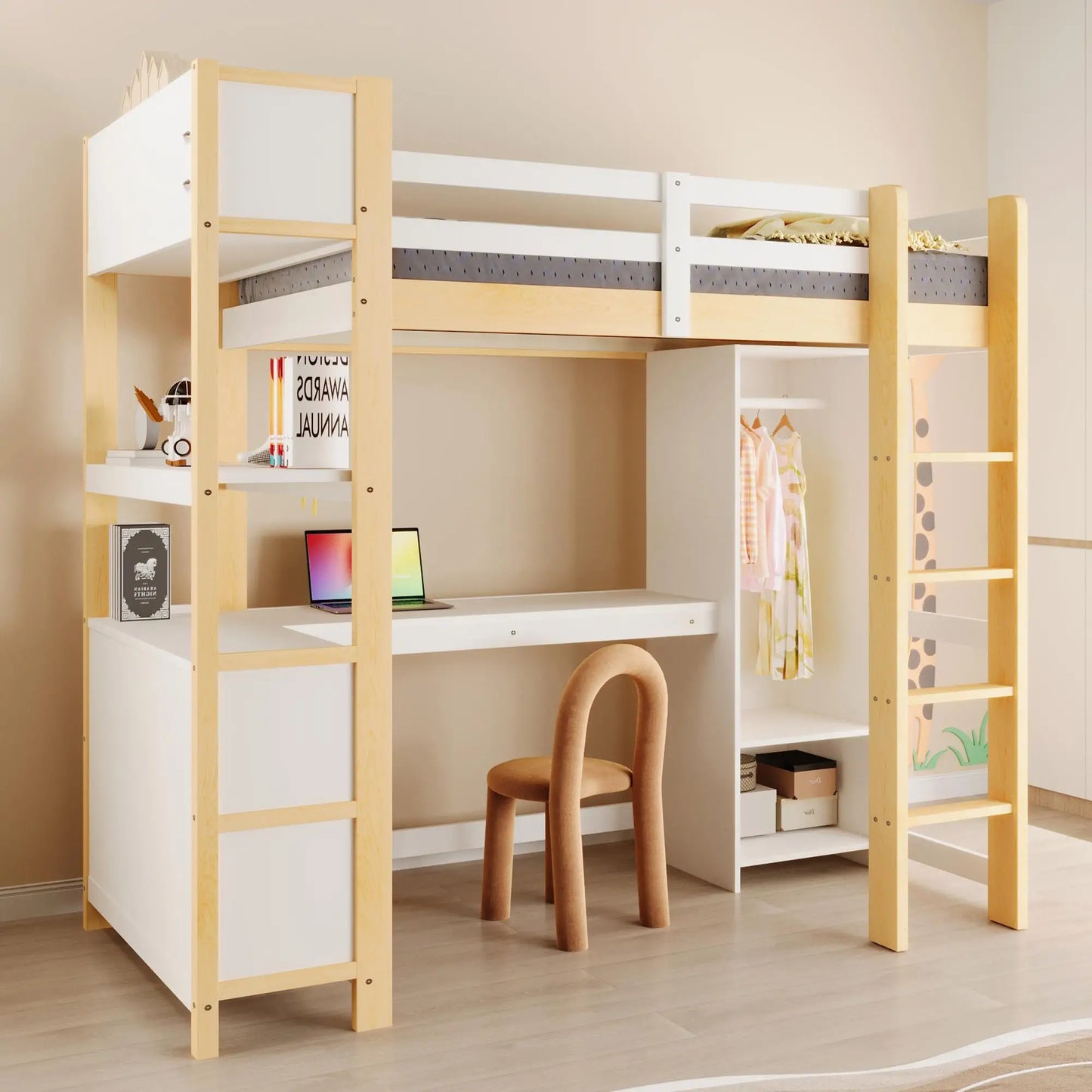 🛏️ CAMA ALTA INFANTIL 90x200 CM CON ESCRITORIO, ARMARIO Y ESTANTERÍAS – BLANCO O COLOR NATURAL