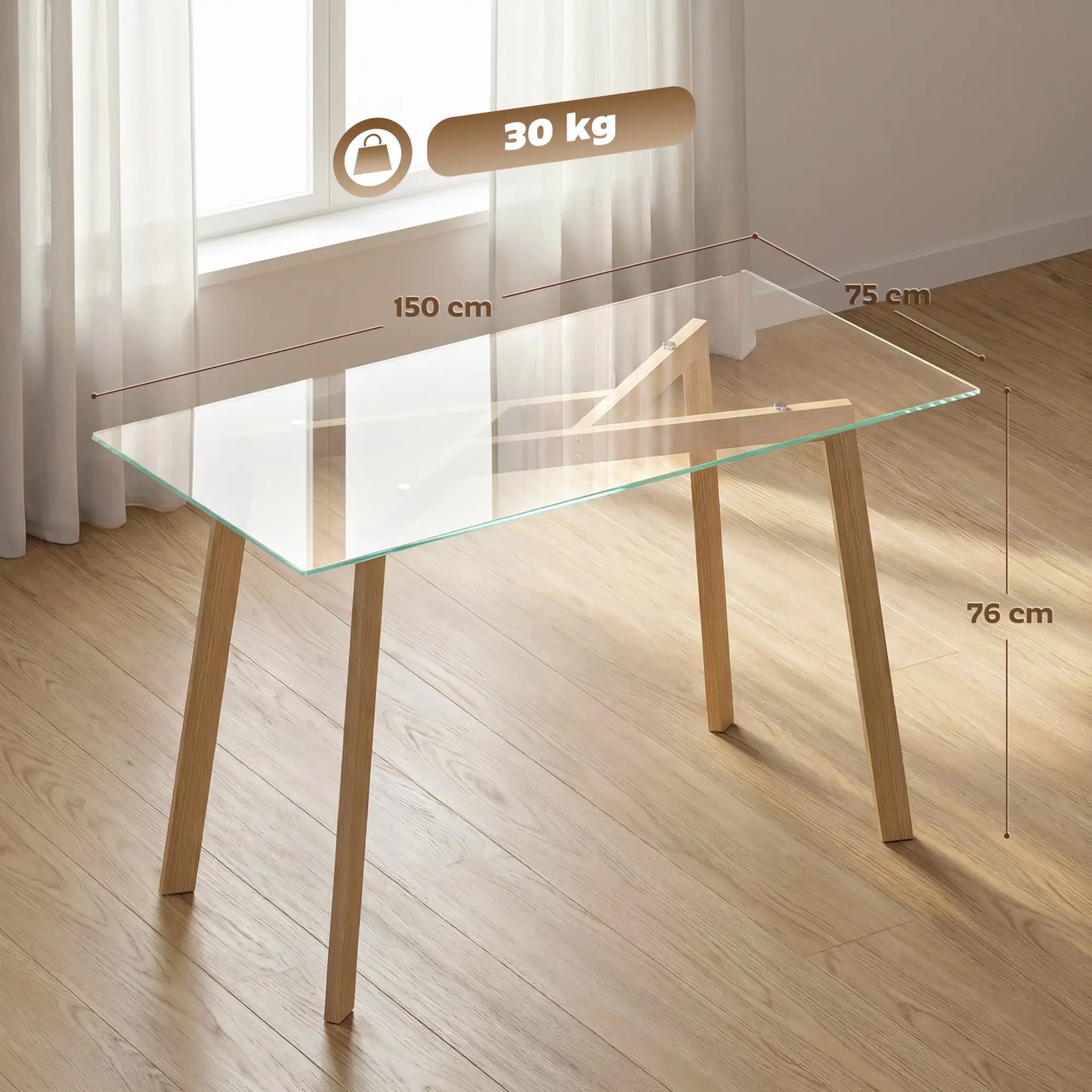 🍽️ Mesa de Comedor Rectangular de Cristal Templado para 6 Personas – 150 × 75 × 76 cm – Transparente / Madera Natural | JAM MUEBLES
