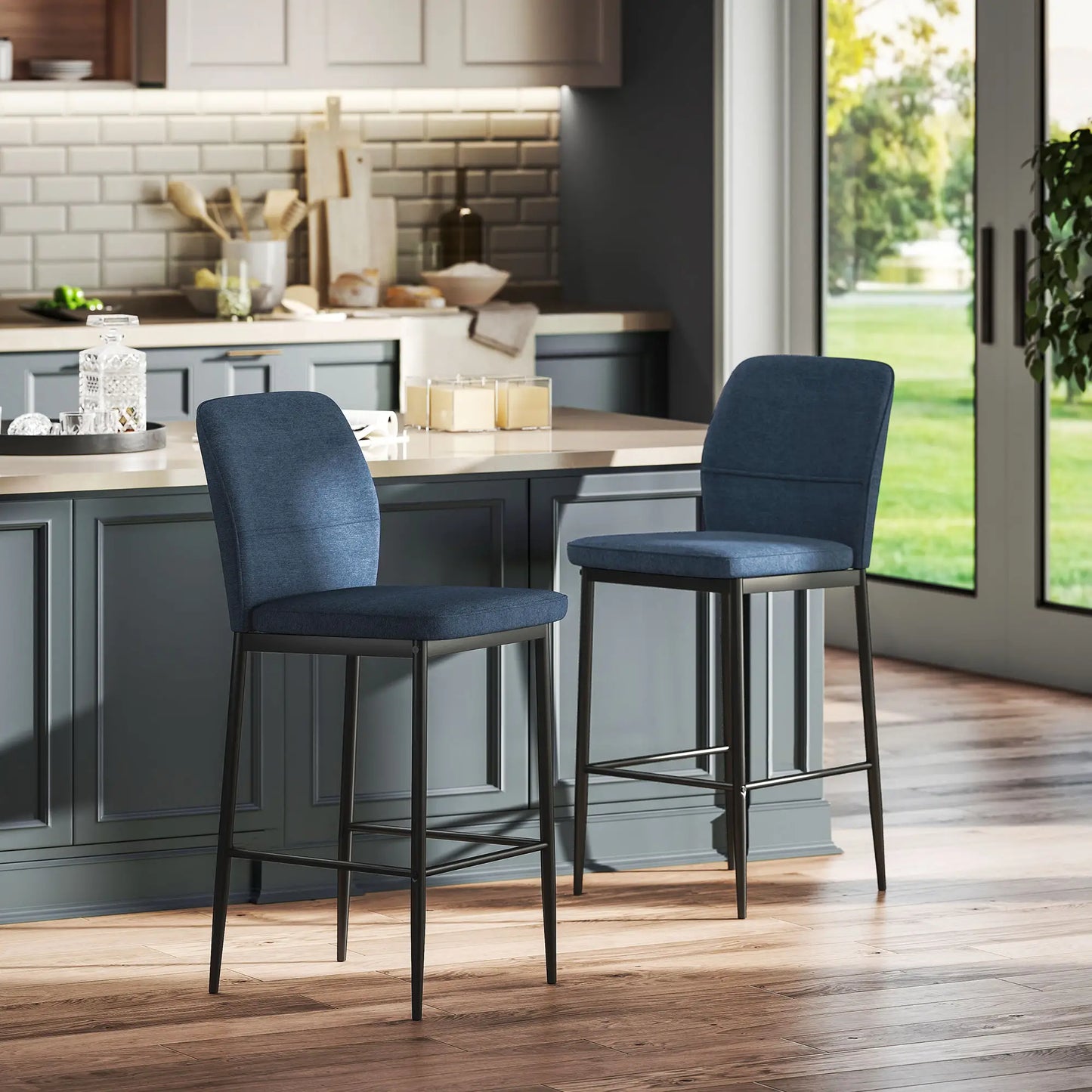 🪑 Set de 2 Taburetes Altos Tapizados en Terciopelo Azul con Patas de Acero – Diseño Moderno para Cocina, Isla o Barra