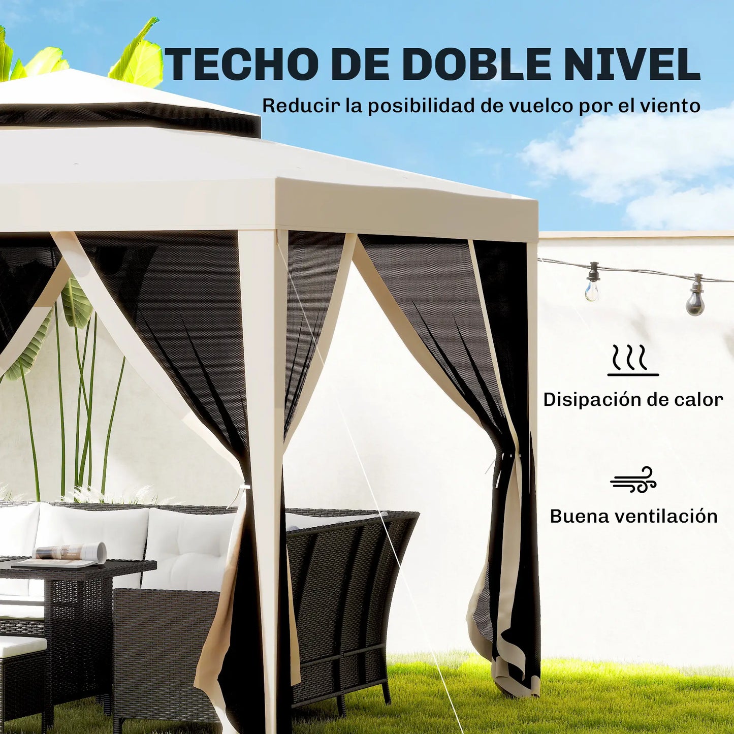 ⛺ CARPA DE JARDÍN “BREEZARA” 3x3m – DOBLE TECHO Y MOSQUITERAS COMPLETAS