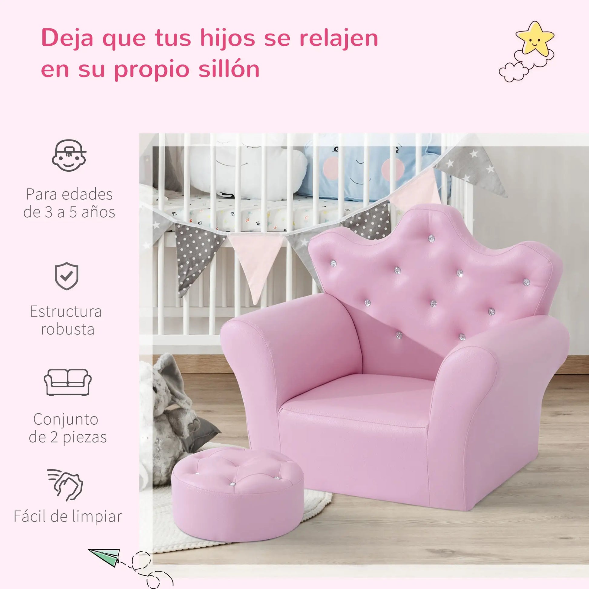 SILLÓN INFANTIL PRINCESS RELAX ROSA CON REPOSAPIÉS image 1