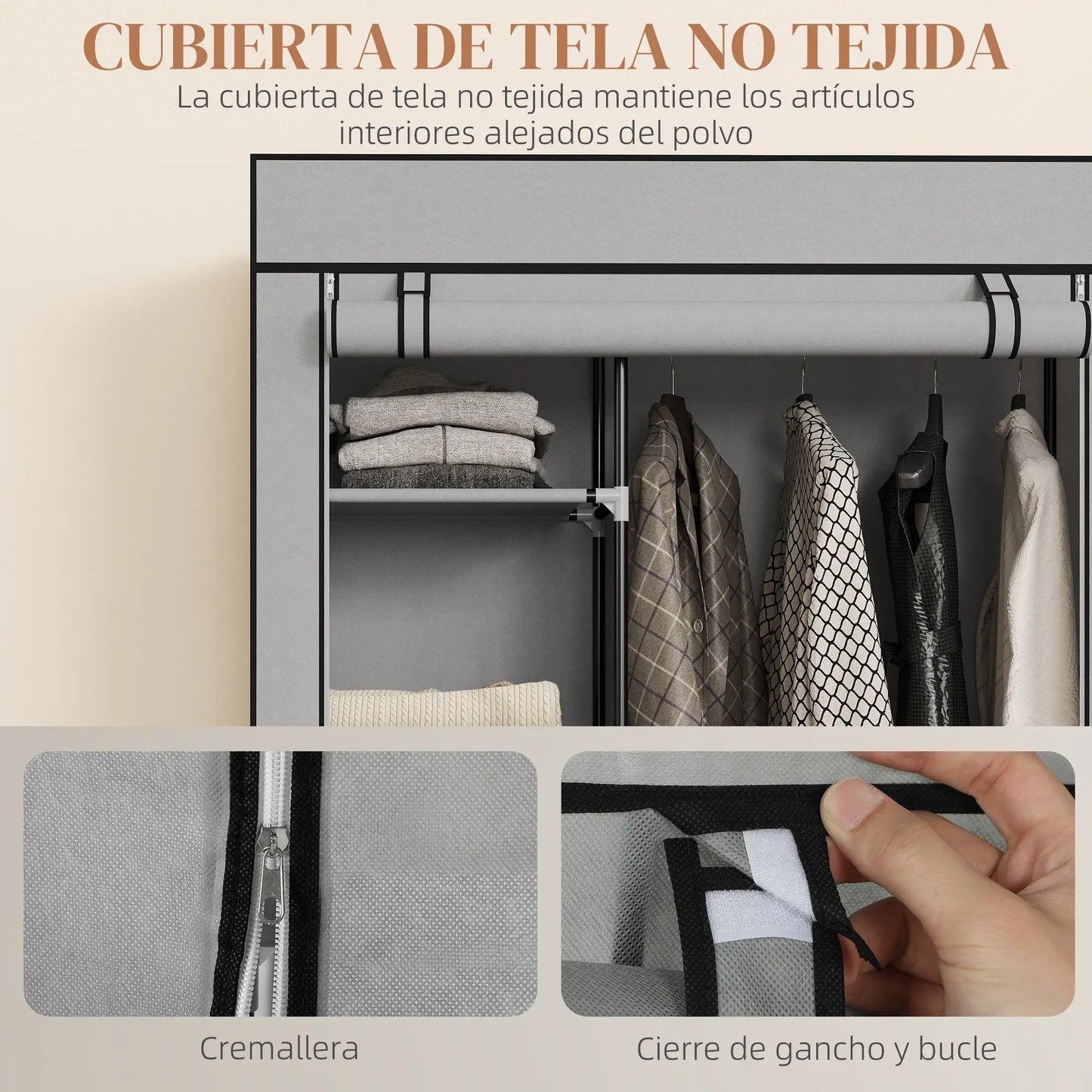 👕 ARMARIO DE TELA PLEGABLE 103 CM CON 6 ESTANTES Y BARRA PARA COLGAR – 5 COLORES