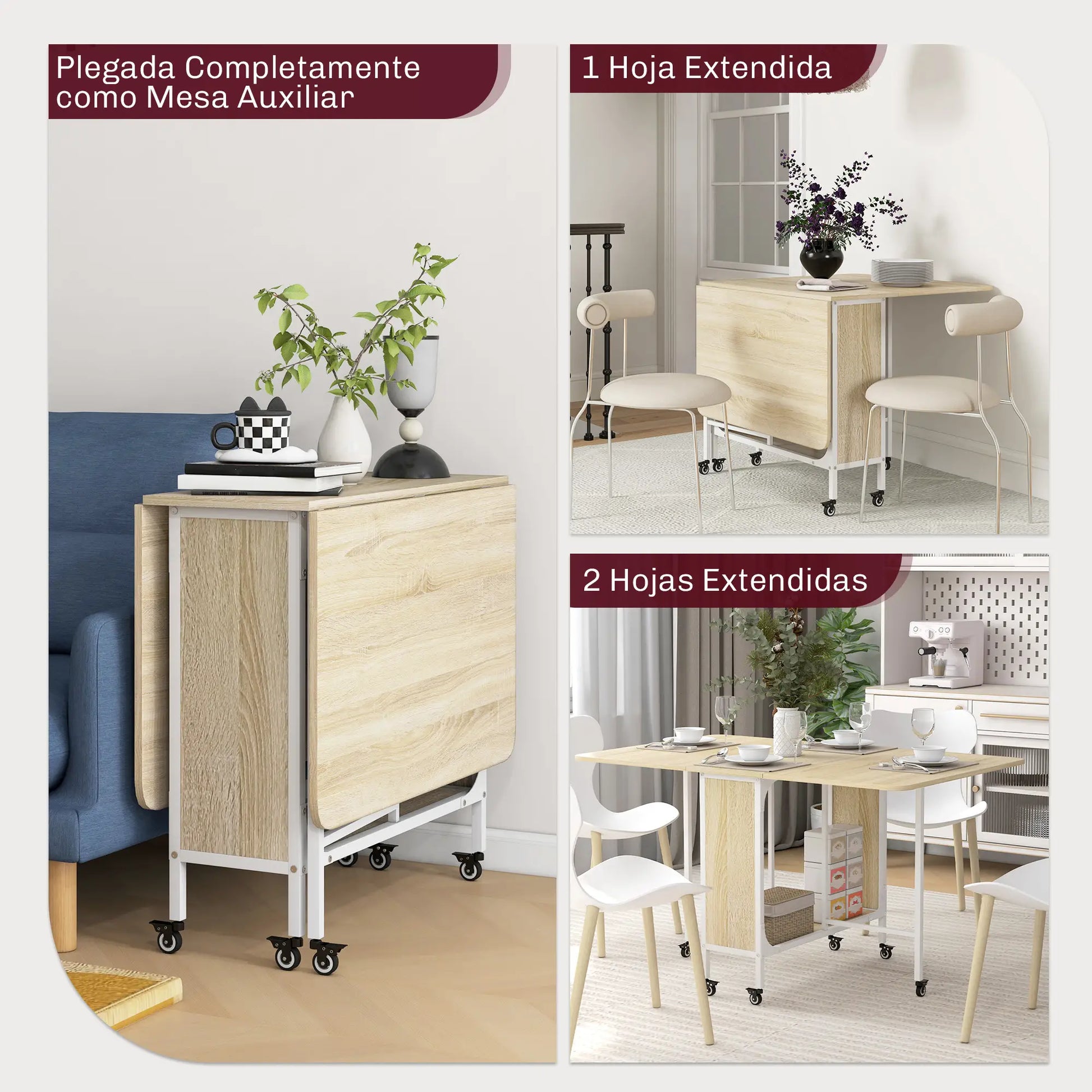 MESA DE COCINA PLEGABLE CON RUEDAS Y ALAS ABATIBLES 130x80 CM image 5