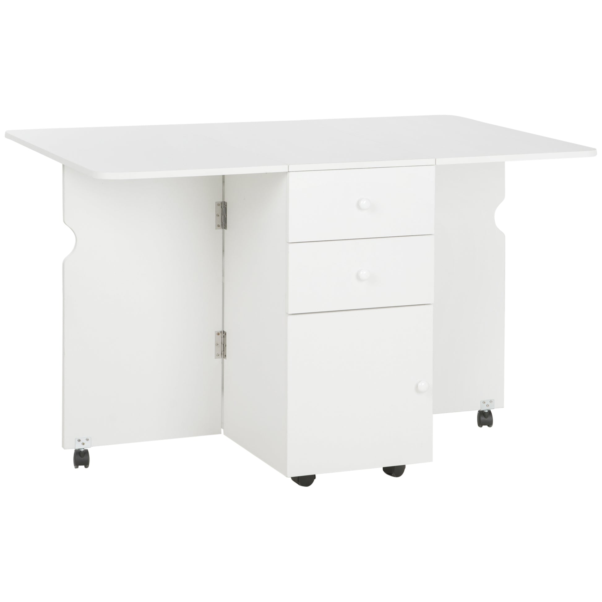 MESA DE COMEDOR PLEGABLE CON ALAS ABATIBLES, RUEDAS Y CAJONES – BLANCA image 7