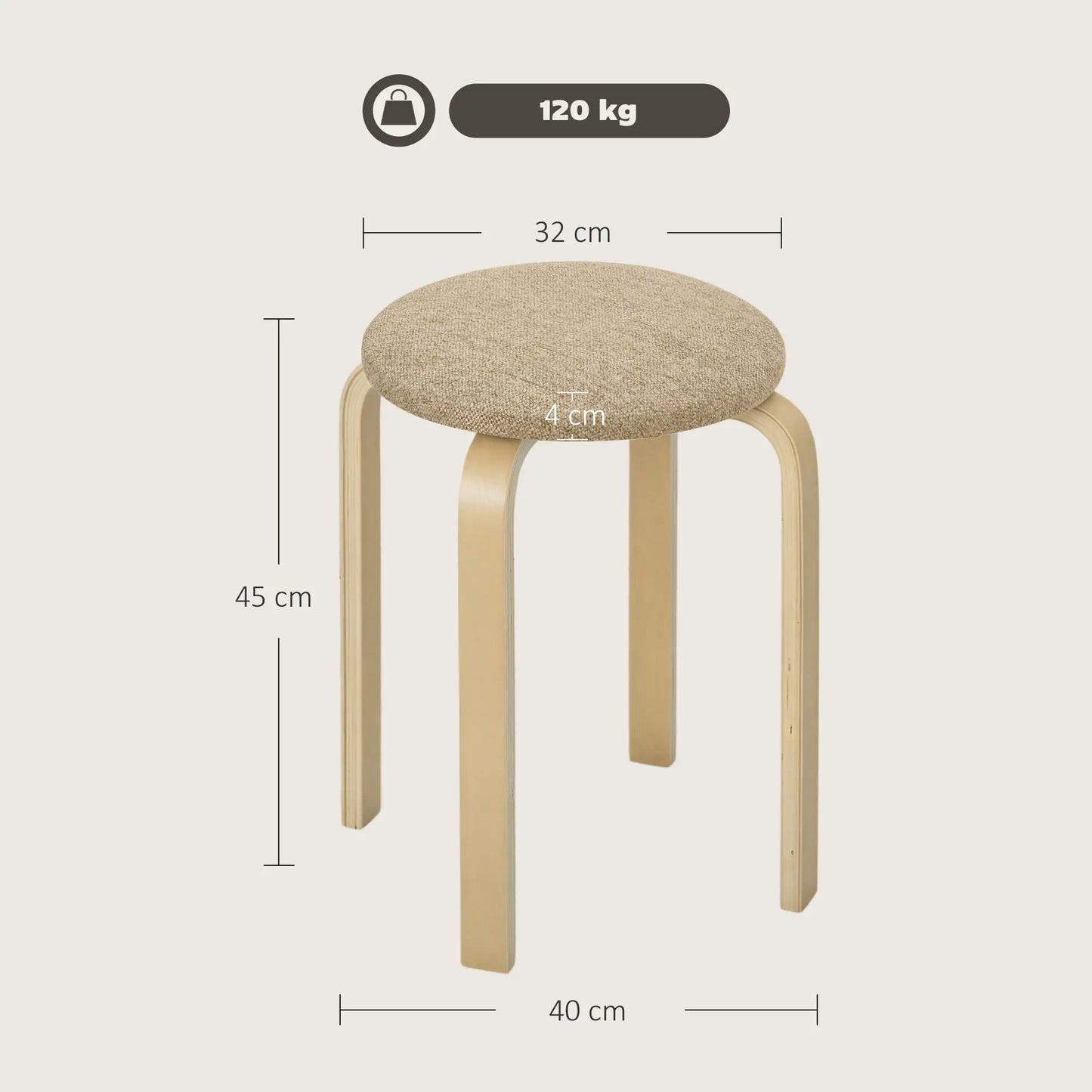 JUEGO DE 4 TABURETES APILABLES DE MADERA CON ASIENTO ACOL CAQUI – MODELO KENIA image 3