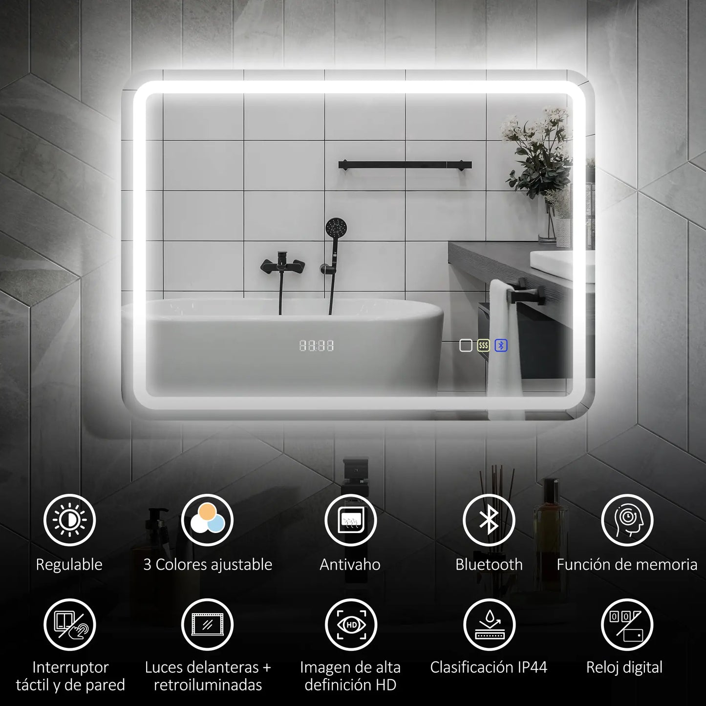 ESPEJO DE BAÑO LED NEXURA SOUND 80X60 CON BLUETOOTH, RELOJ Y ANTIVAHO image 1