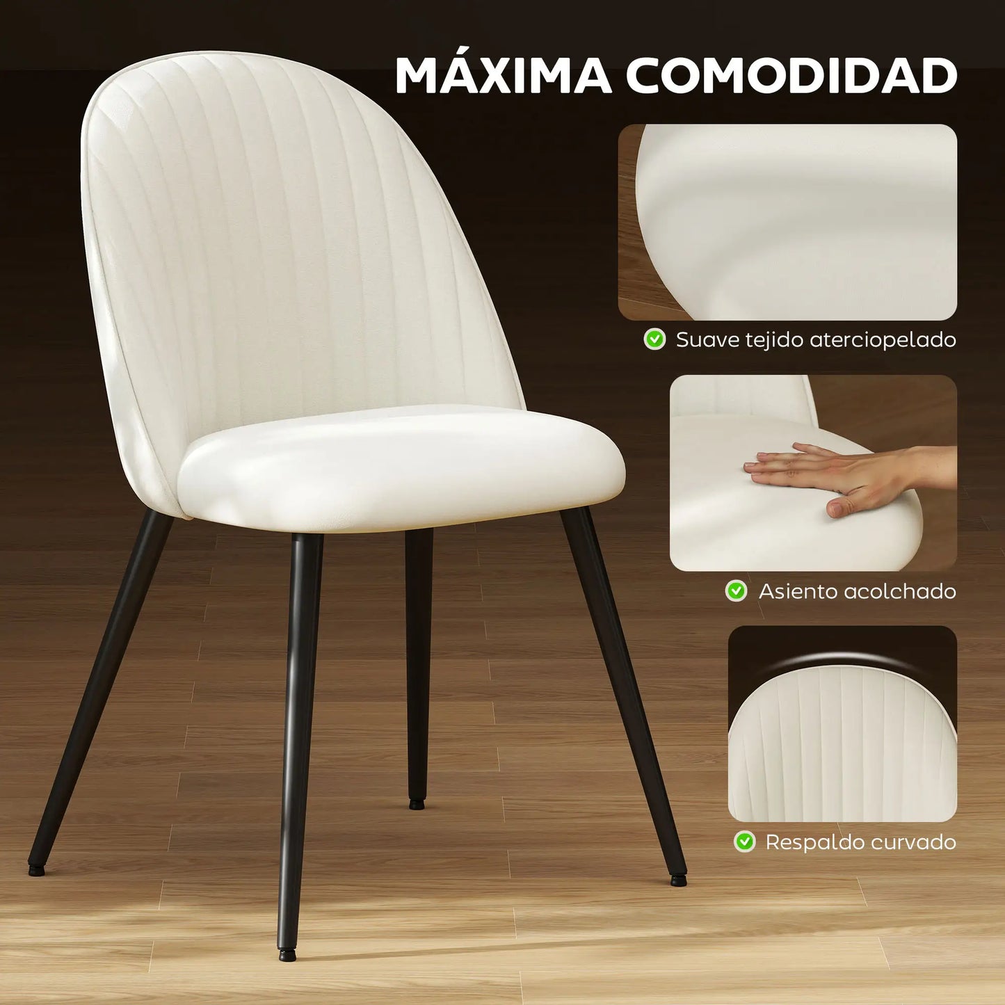 PACK DE 4 SILLAS DE COMEDOR MODERNAS TAPIZADAS EN TERCIOPELO – COLOR CREMA image 7