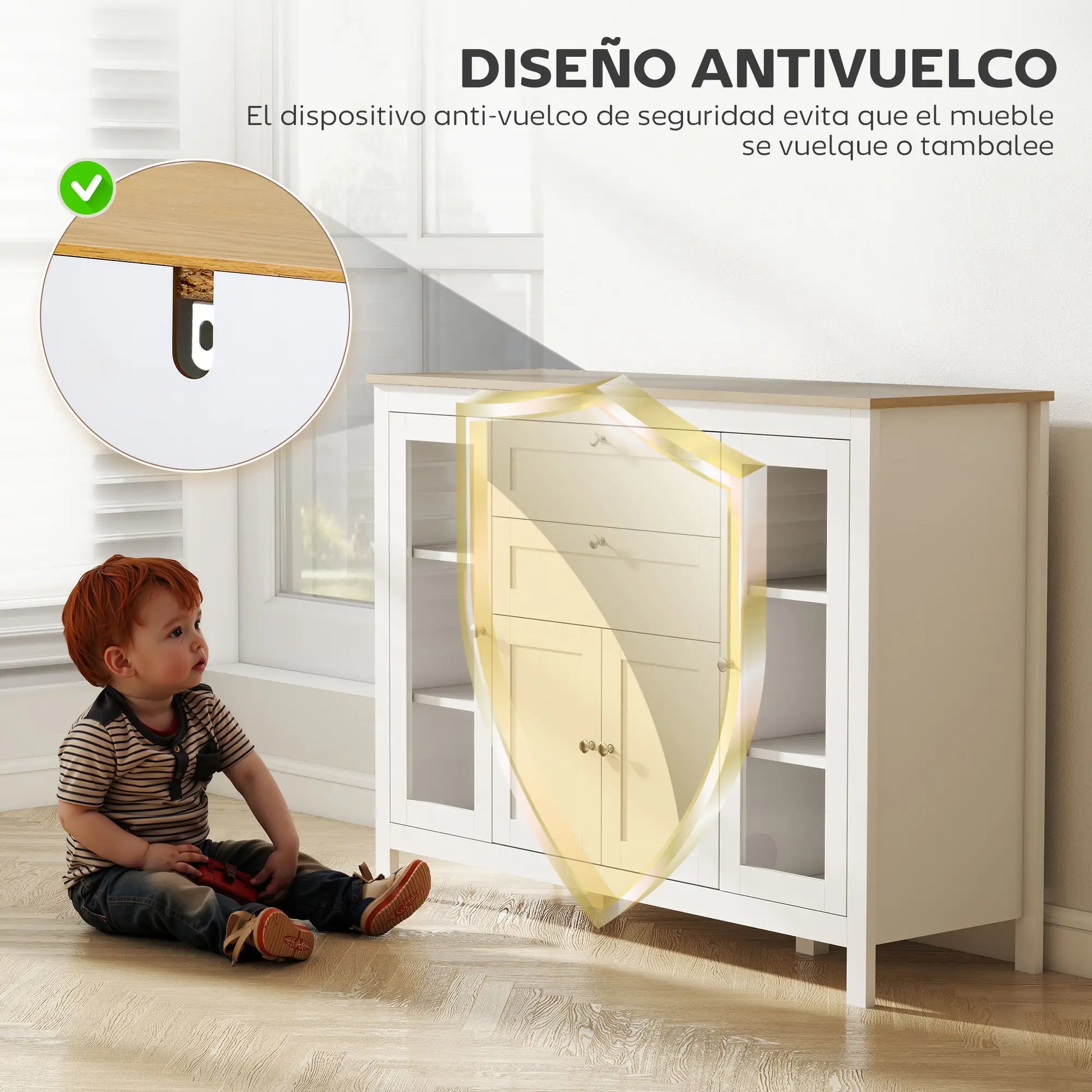 APARADOR DE COCINA BLANCO CON PUERTAS DE VIDRIO Y CAJONES – MODELO CLASSIC image 4