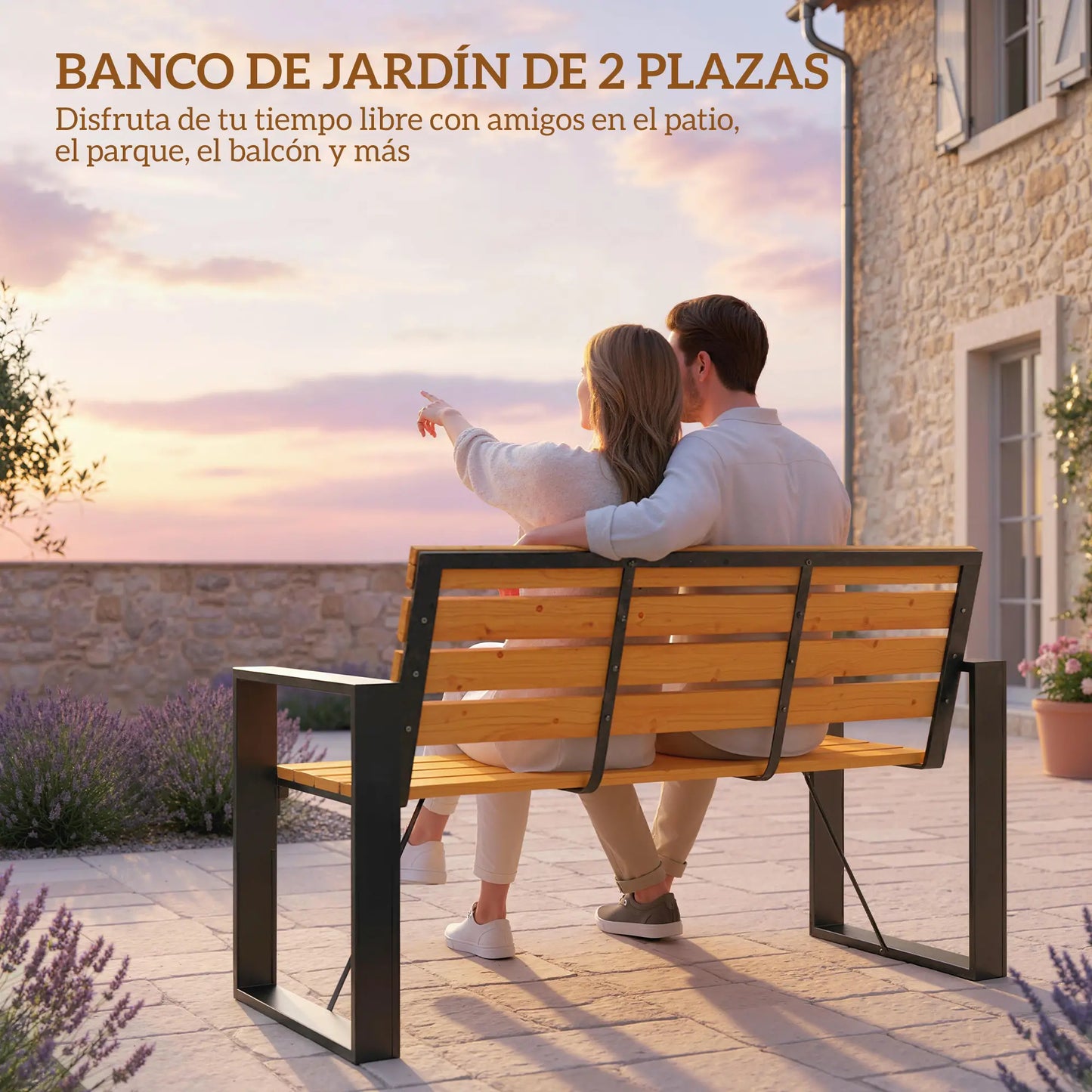 🌿 Banco de Jardín Modelo Timber Line 2 Plazas Madera Natural y Acero