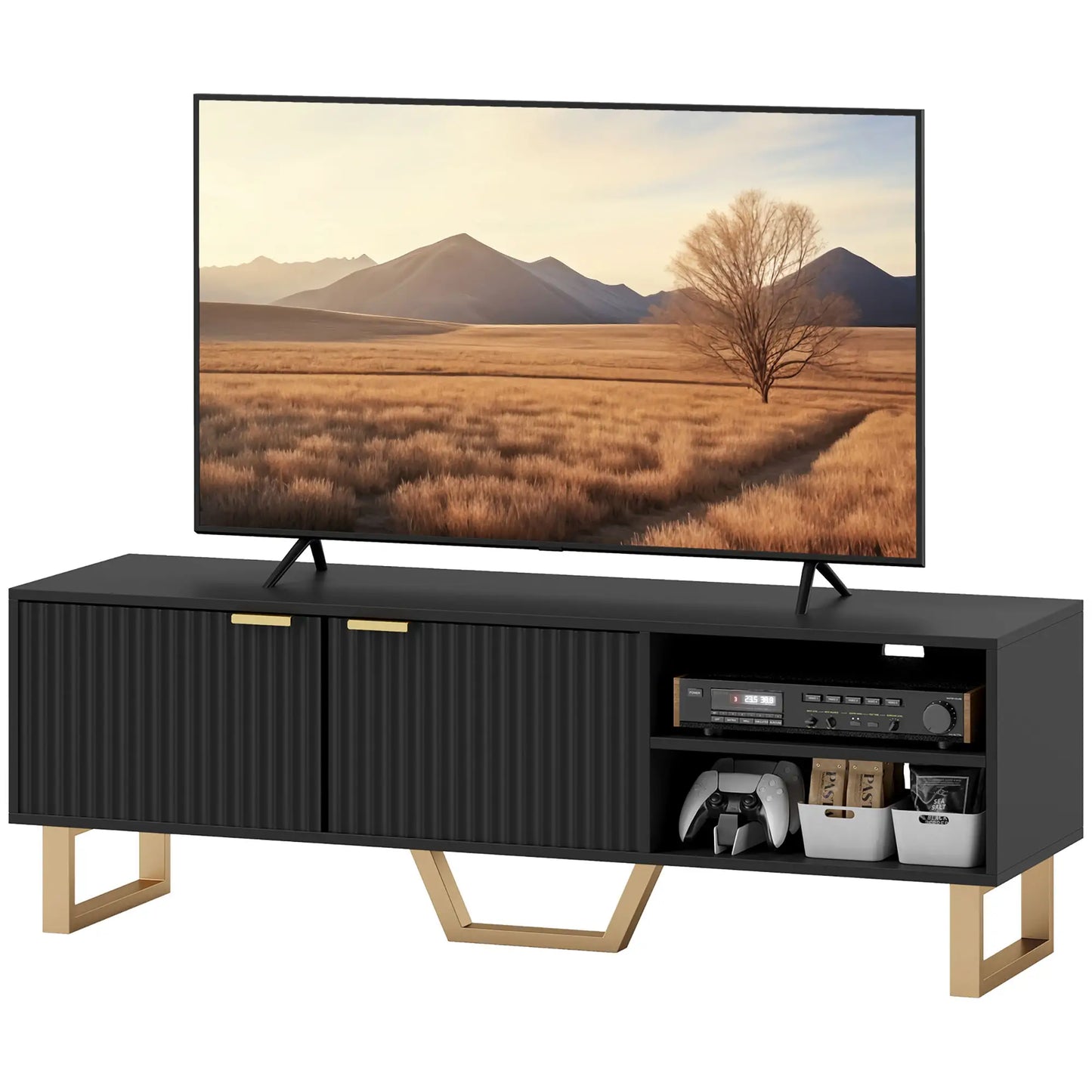 Mueble TV Negro con Puertas Estriadas y Manijas Doradas image 1
