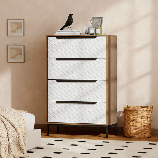 🤍 CÓMODA DIAMOND FABRIC 4C – 4 CAJONES DE TELA CON FRENTE ACOLCHADO BLANCO Y MADERA NATURAL
