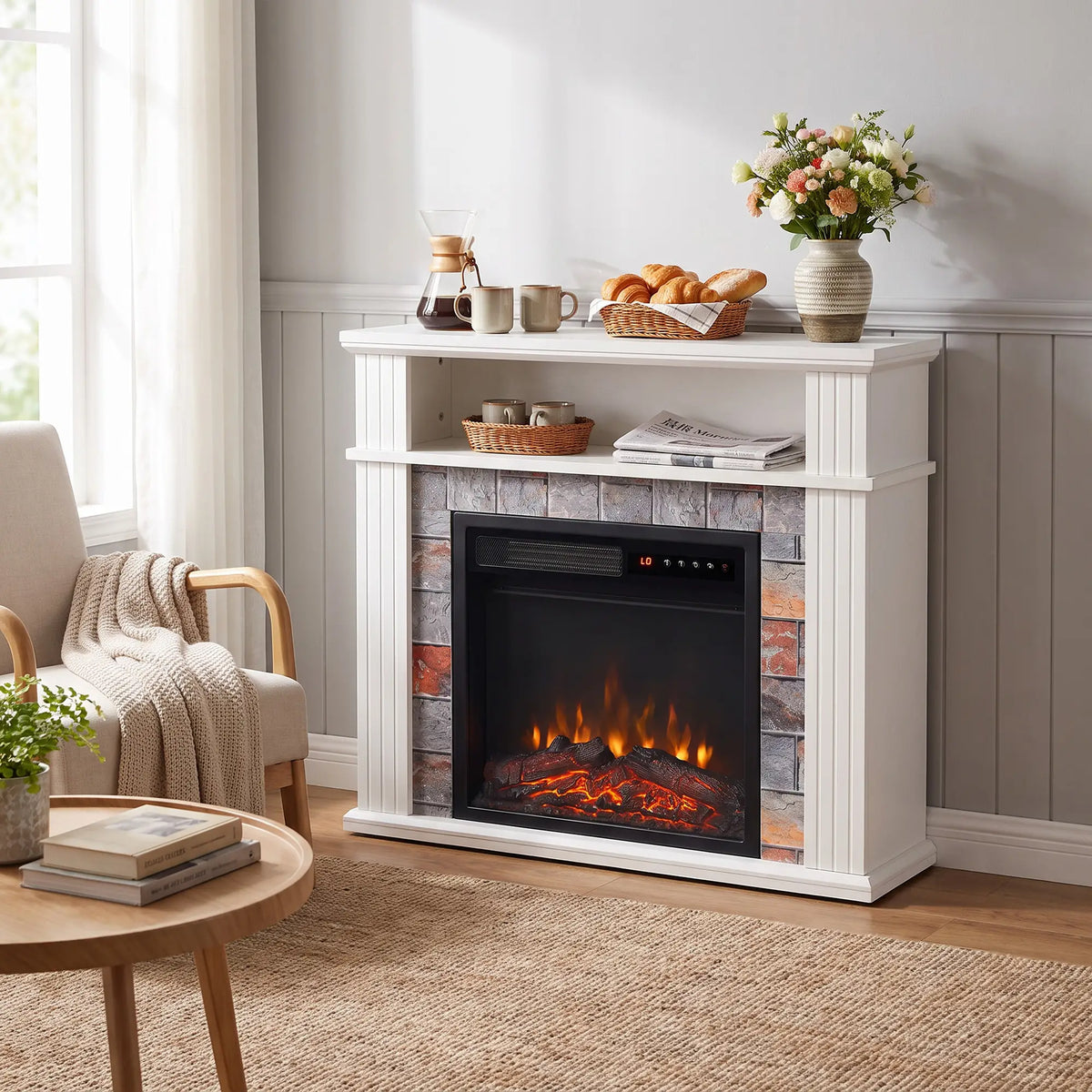 🔥 CHIMENEA ELÉCTRICA WHITE ELEGANCE 88 – BLANCA CON REPISA, EFECTO LLAMA Y CALEFACCIÓN DE 1800 W
