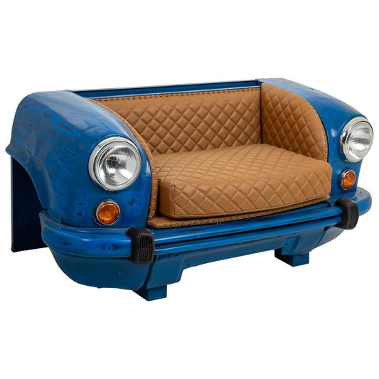 SOFÁ COCHE INDUSTRIAL AZUL & CUERO MARRÓN image 0