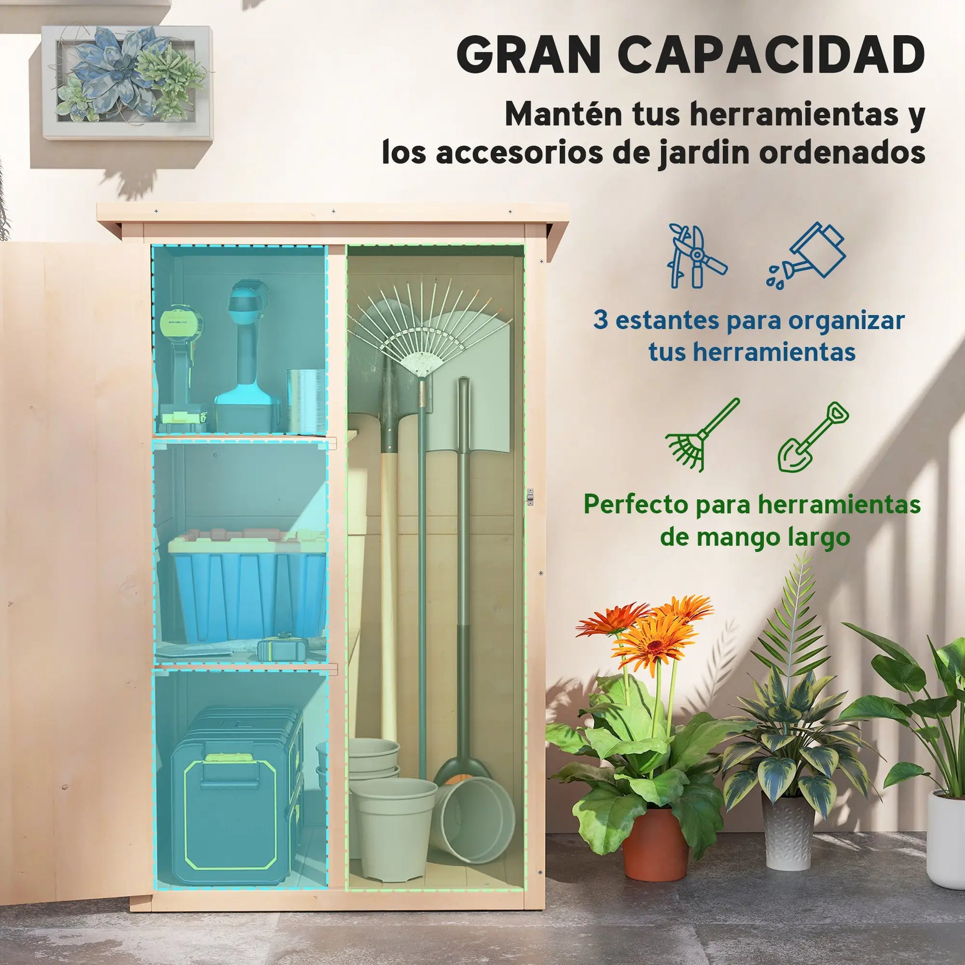 ARMARIO DE JARDÍN DE MADERA PARA EXTERIOR CON 2 ESTANTES image 2