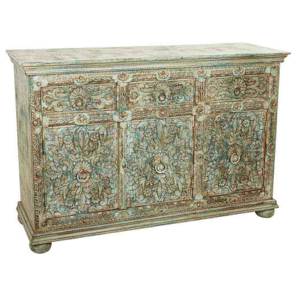 APARADOR DALIAN ARTESANAL DE MADERA TALLADA VERDE AGUAMARINA image 1