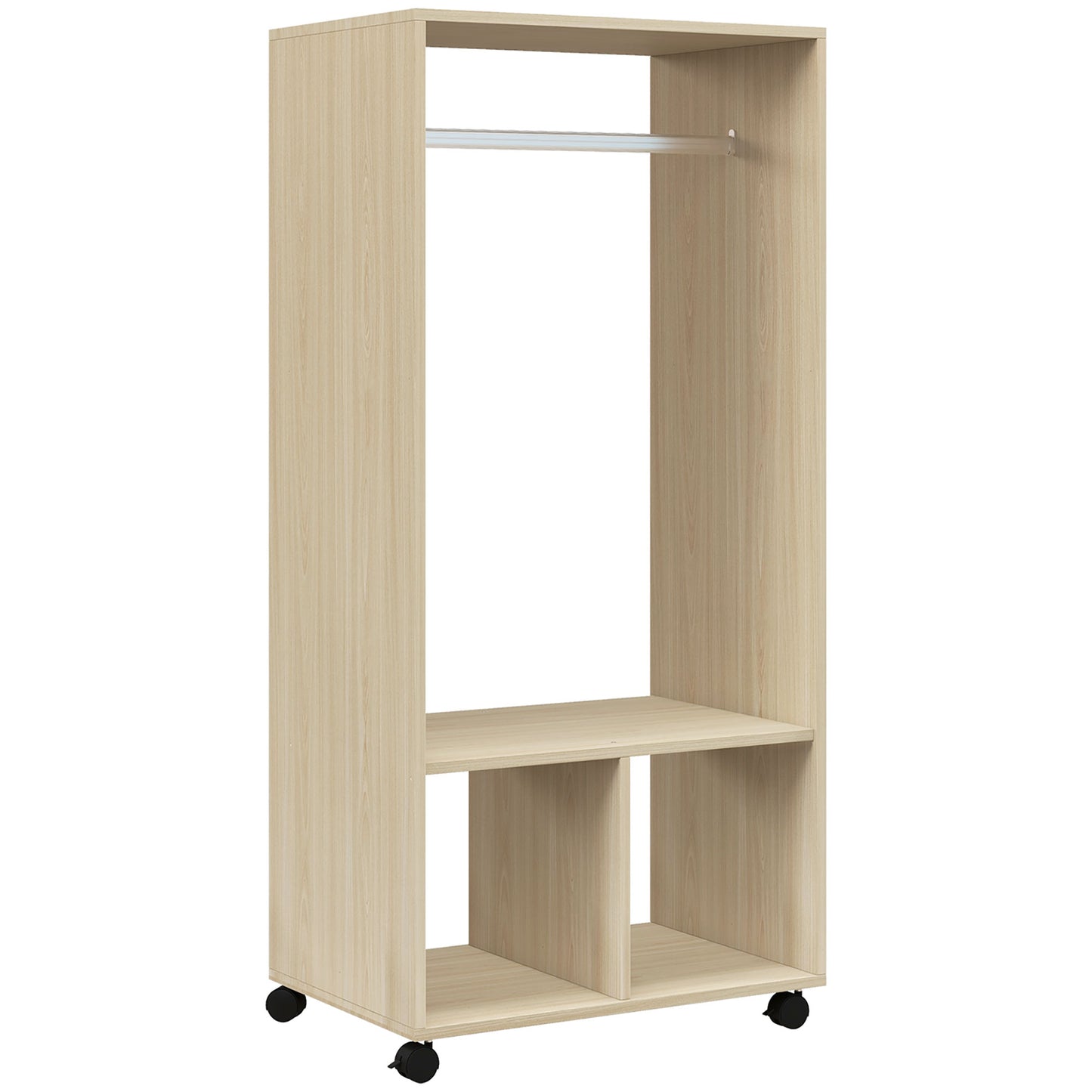 👕 ARMARIO ABIERTO CON RUEDAS 60 CM – BARRA PARA COLGAR Y ESTANTES – BLANCO Y ROBLE NATURAL