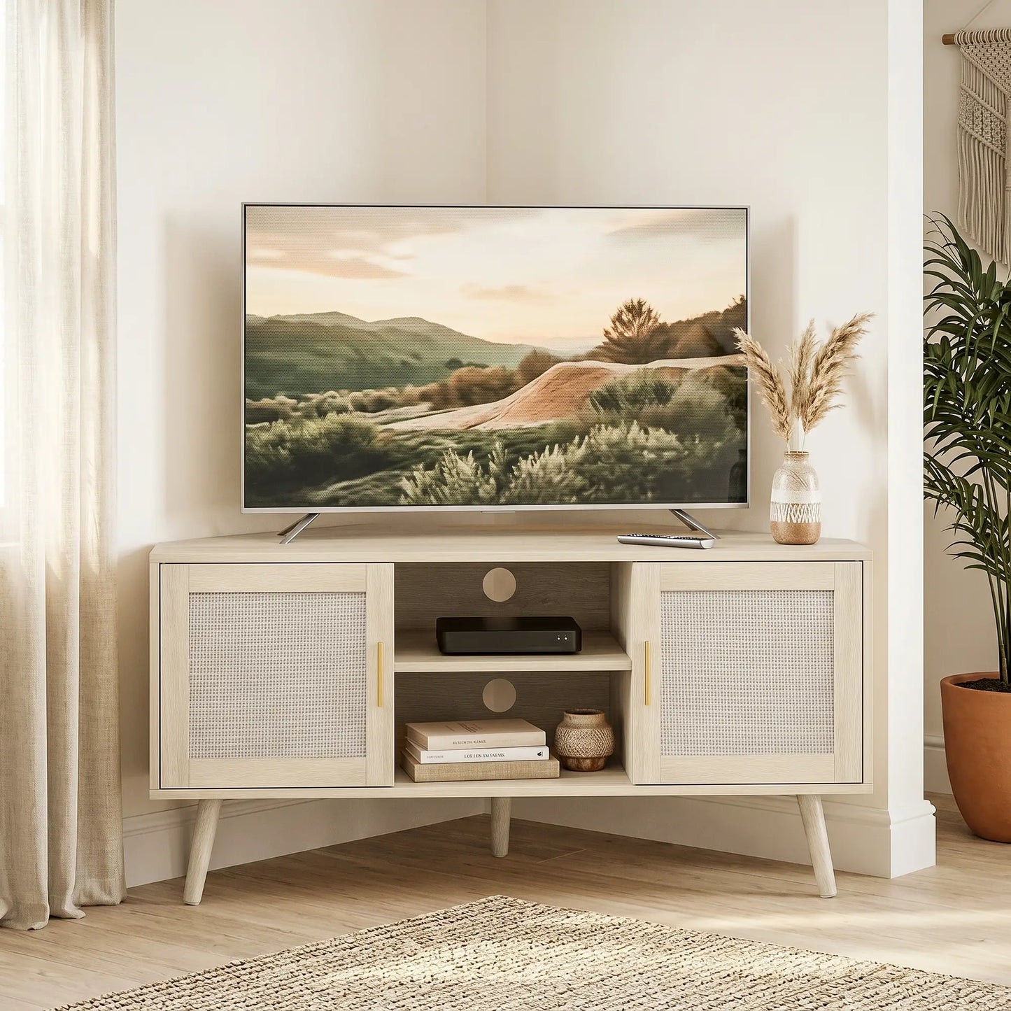 📺 MUEBLE TV DE ESQUINA “RATTAN CORNER 115” – ROBLE + RATÁN · 2 ARMARIOS + 2 ESTANTES · HASTA 65"
