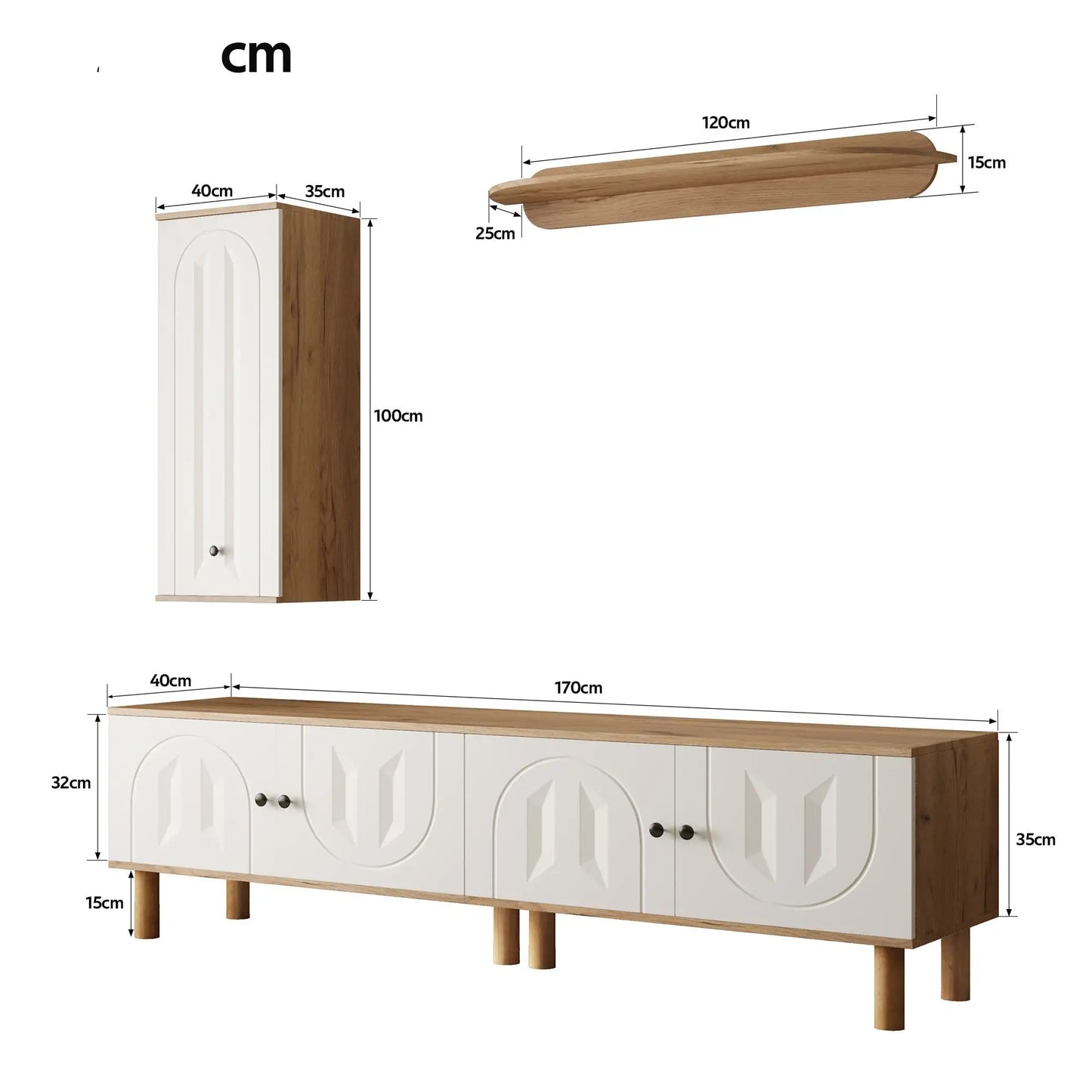 🏠 COMPOSICIÓN DE SALÓN “NATURA 3” – MUEBLE TV 170 CM + MUEBLE ALTO + ESTANTE DE PARED · BLANCO Y MADERA NATURAL