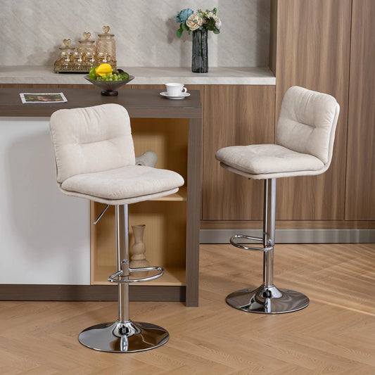 🪑 Juego de 2 Taburetes Altos de Cocina Giratorios con Altura Ajustable – Tapizados en Tela Beige con Respaldo y Reposapiés