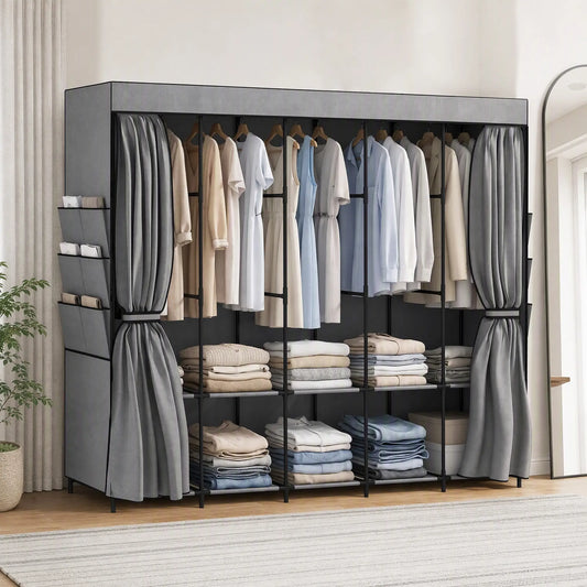 👕 ARMARIO DE TELA GRANDE 212 CM CON 5 BARRAS, 5 ESTANTES Y 6 BOLSILLOS – GRIS