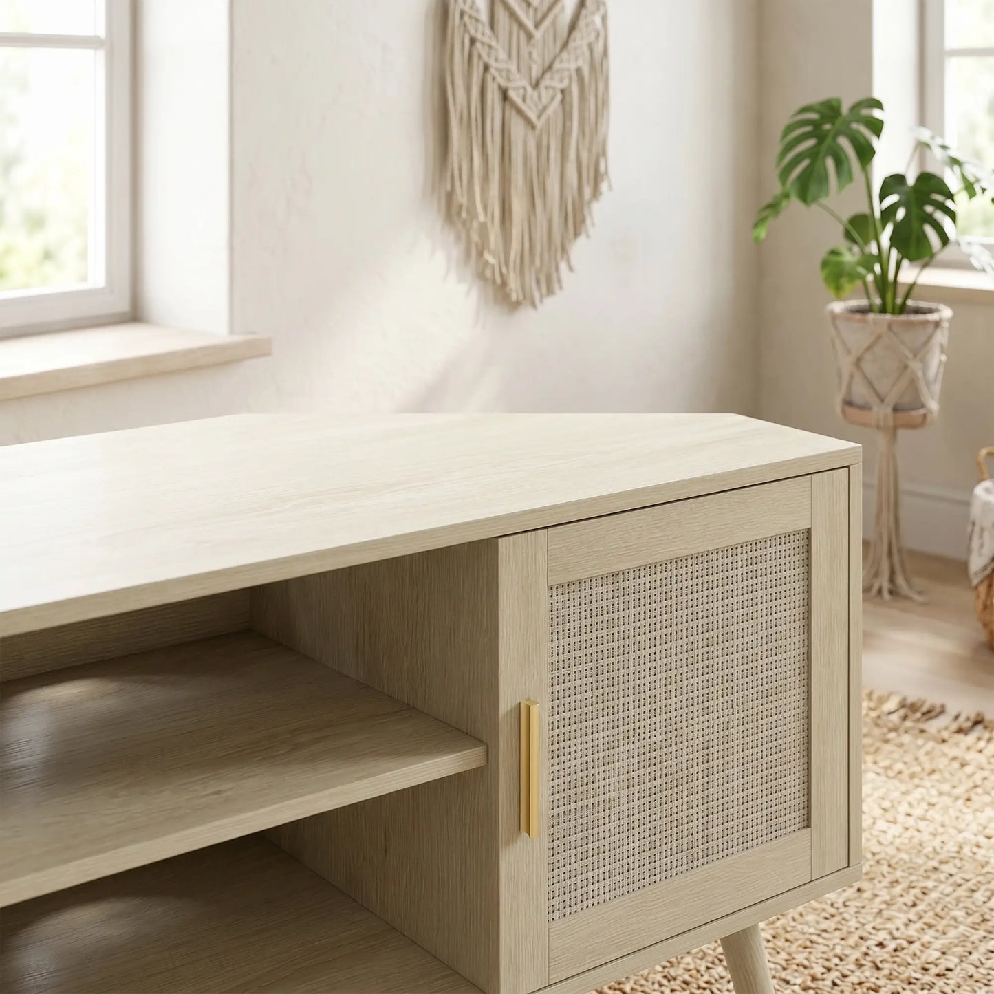 📺 MUEBLE TV DE ESQUINA “RATTAN CORNER 115” – ROBLE + RATÁN · 2 ARMARIOS + 2 ESTANTES · HASTA 65"