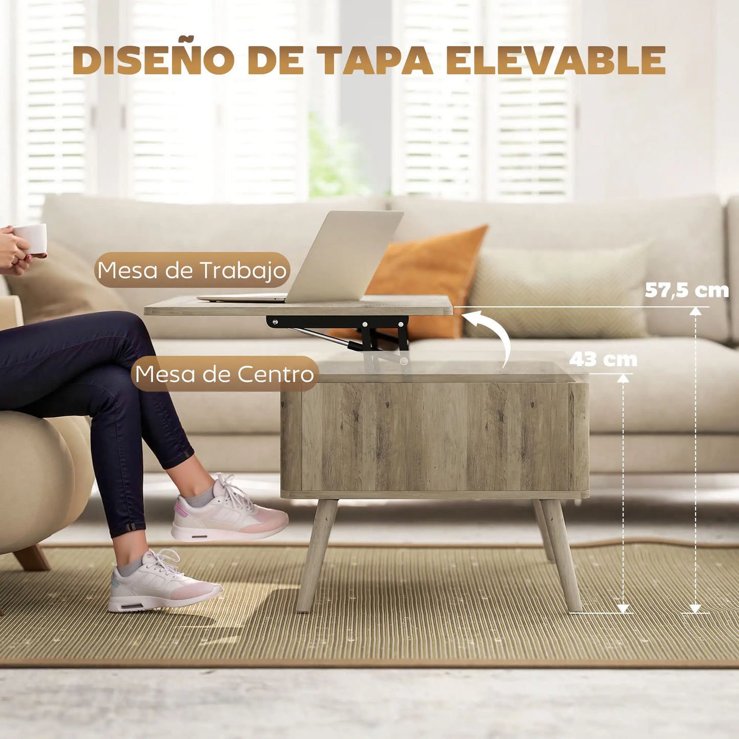Mesa de Centro Elevable con Almacenaje Oculto y Patas de Pino 91 cm en Roble image 10