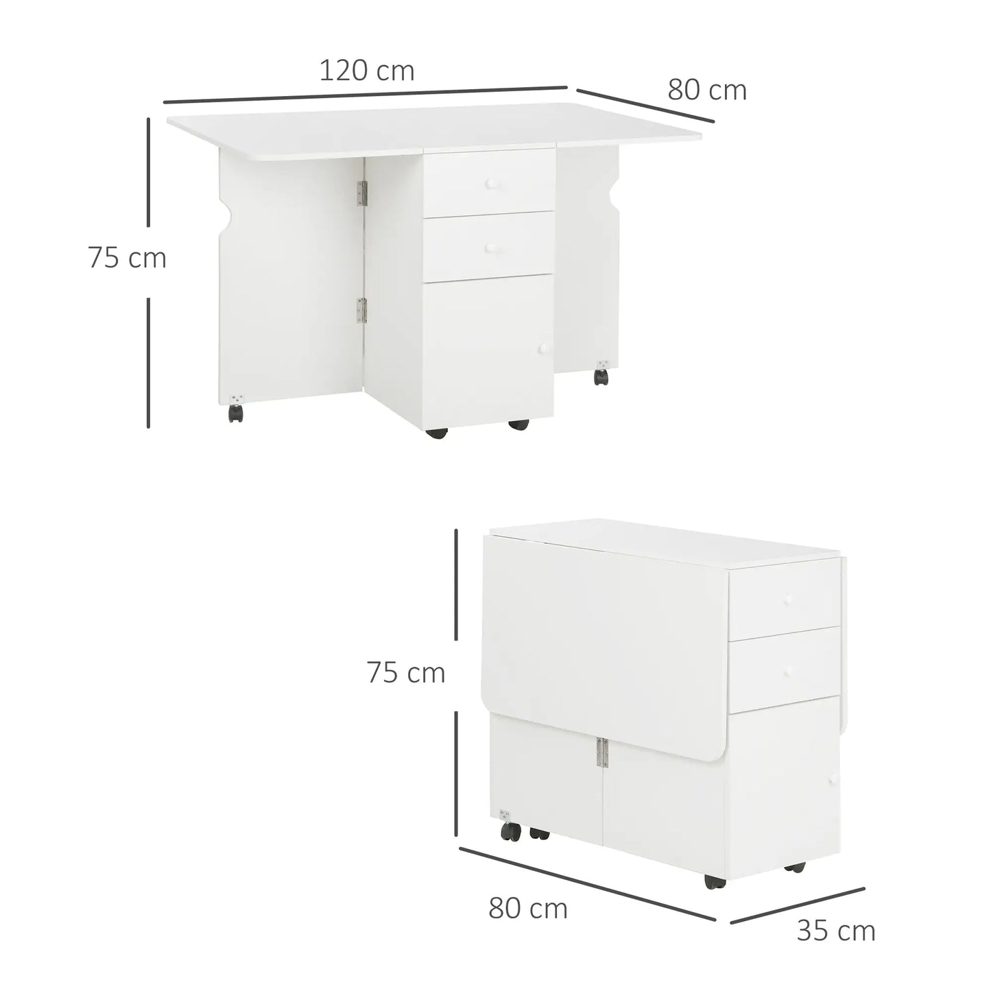 MESA DE COMEDOR PLEGABLE CON ALAS ABATIBLES, RUEDAS Y CAJONES – BLANCA image 9