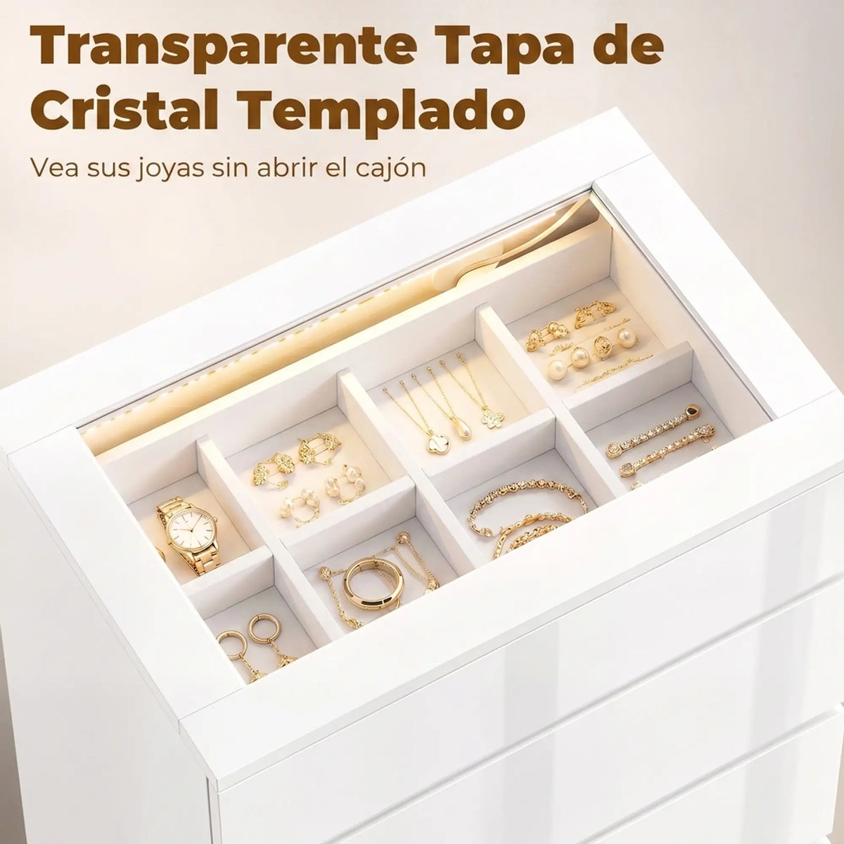 💎 CÓMODA JEWEL LED 4C – BLANCA CON JOYERO, ENCIMERA DE CRISTAL Y LED RGB