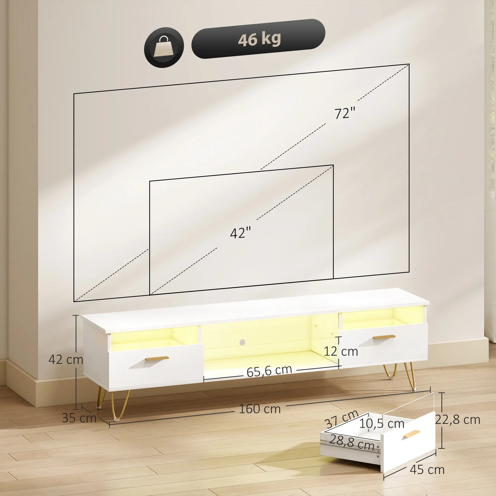 Mueble TV Blanco con LED RGB y Patas Doradas 160 cm image 2