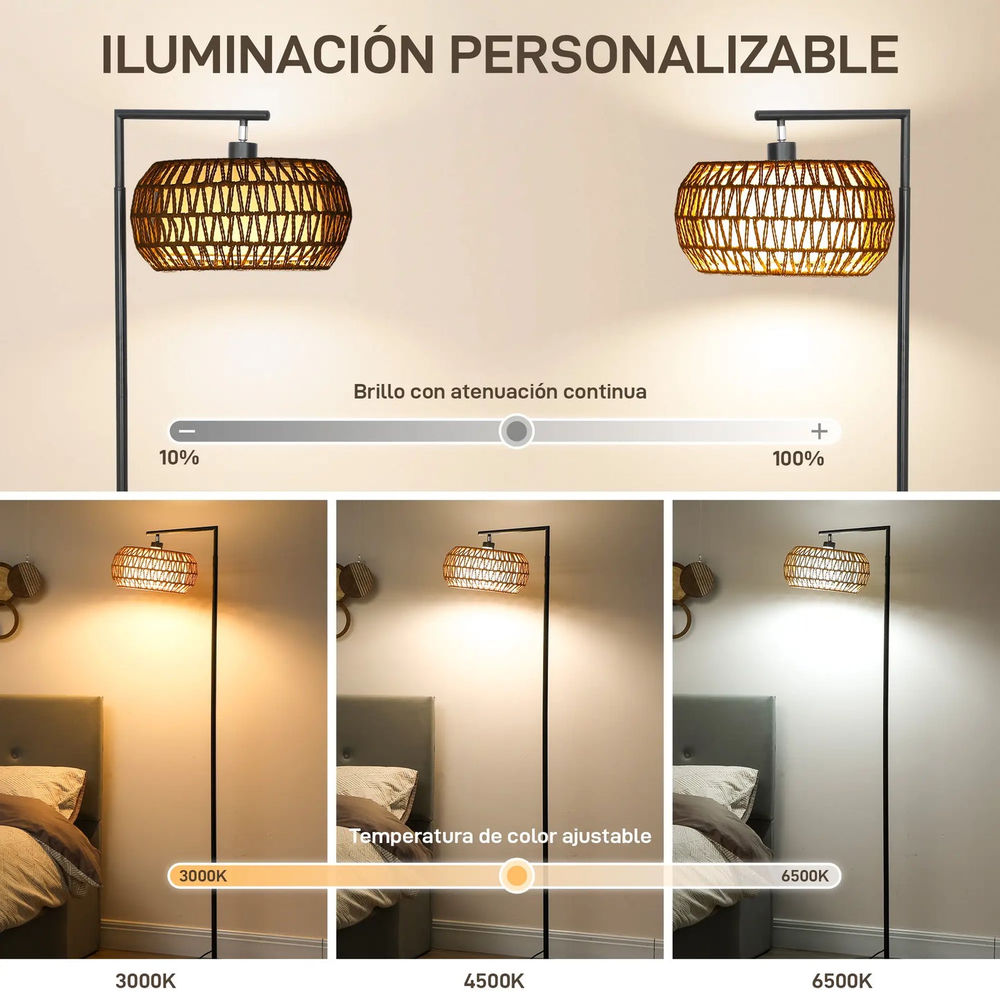 💡 Lámpara de Pie Bohemia con Doble Pantalla Regulable – 3 Temperaturas de Color, Brillo Ajustable y Mando a Distancia