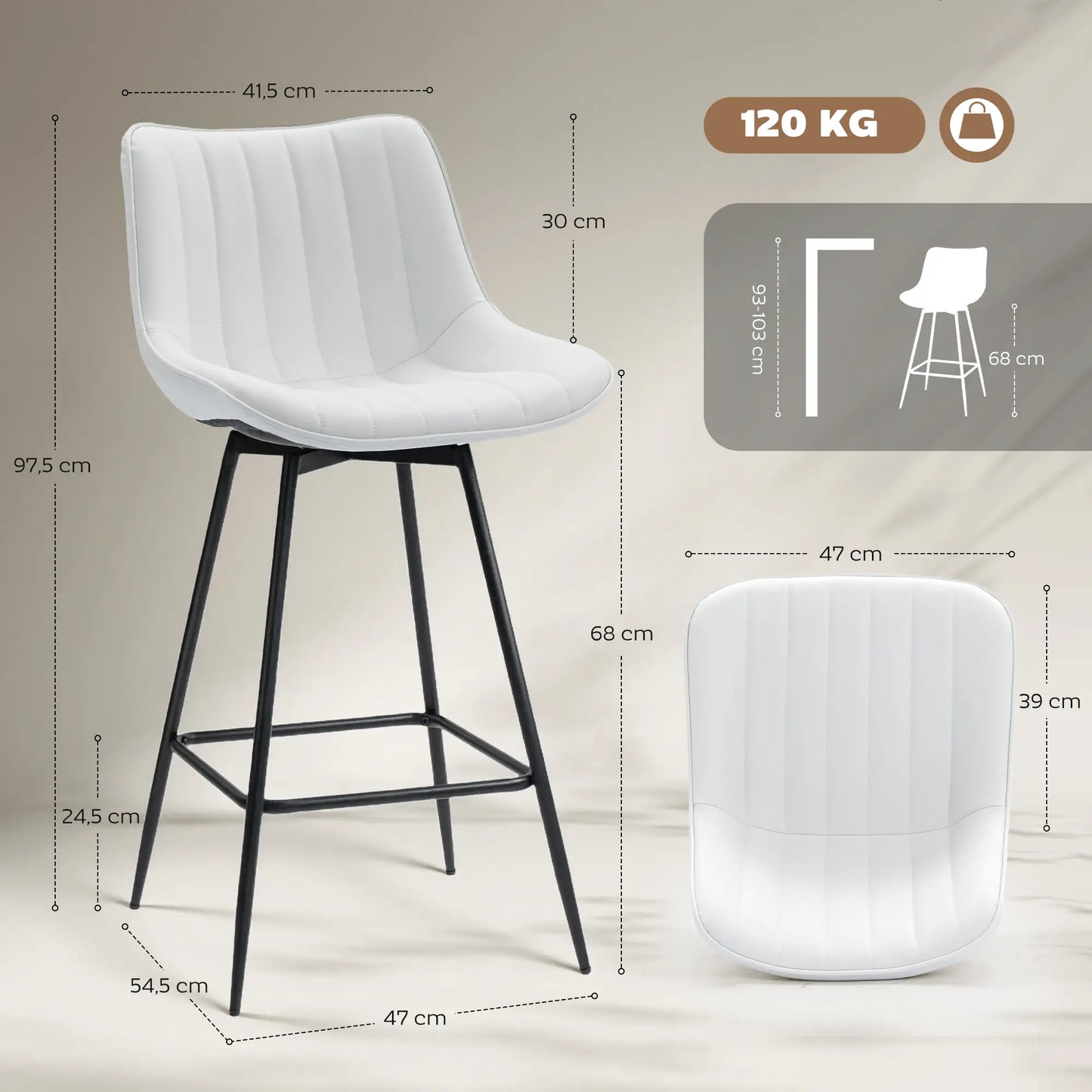 🪑 Juego de 2 Taburetes de Bar Giratorios 360° con Respaldo y Reposapiés – Tapizados en Cuero Sintético Blanco o Negro