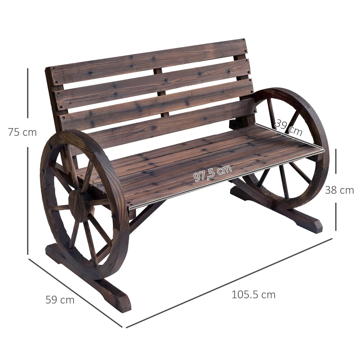 🌿 Banco de Jardín Modelo Rustico Wheel 2 Plazas Madera Diseño Rueda
