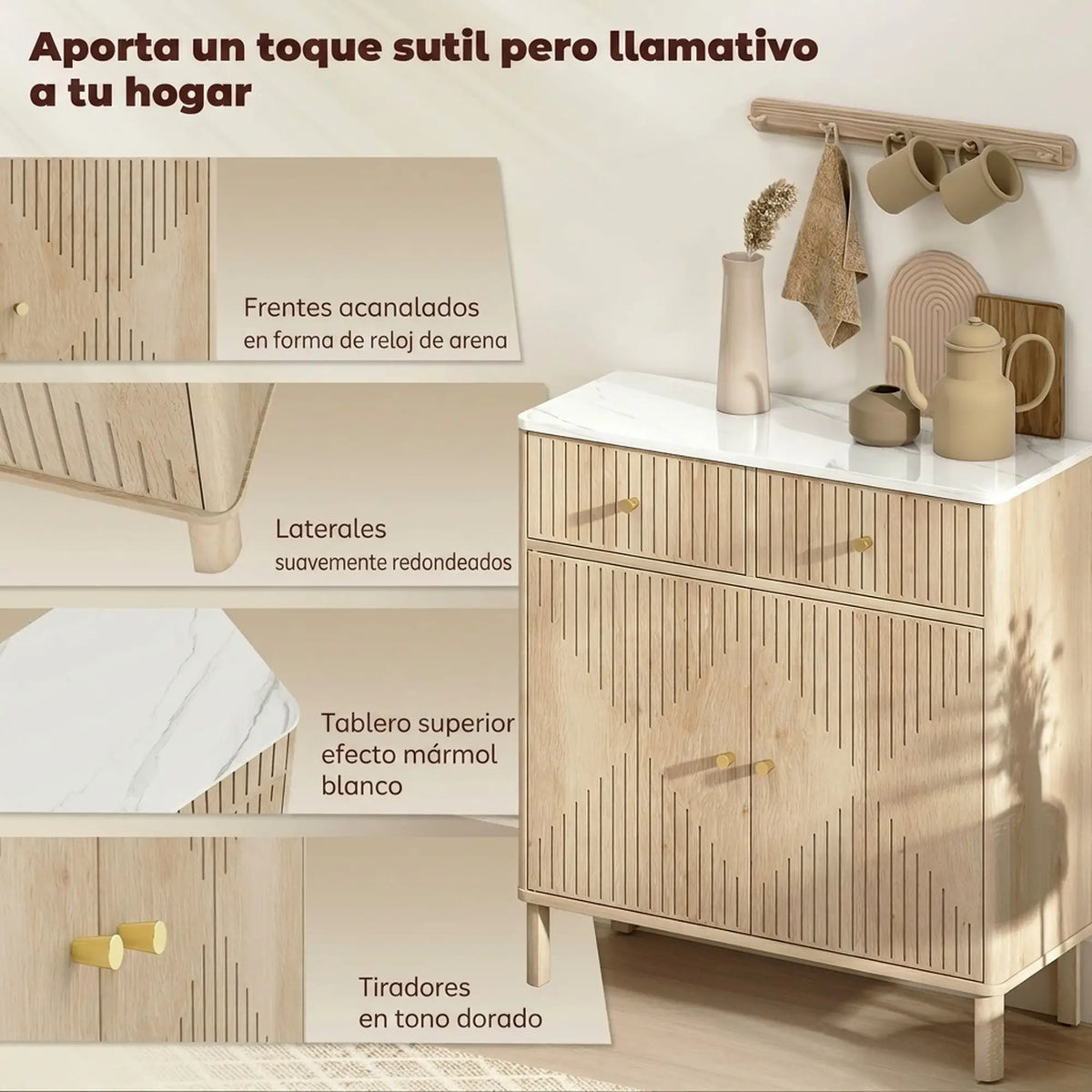 🪵 APARADOR MARBEL OAK – 2 PUERTAS Y 2 CAJONES EN ROBLE CON ENCIMERA EFECTO MÁRMOL