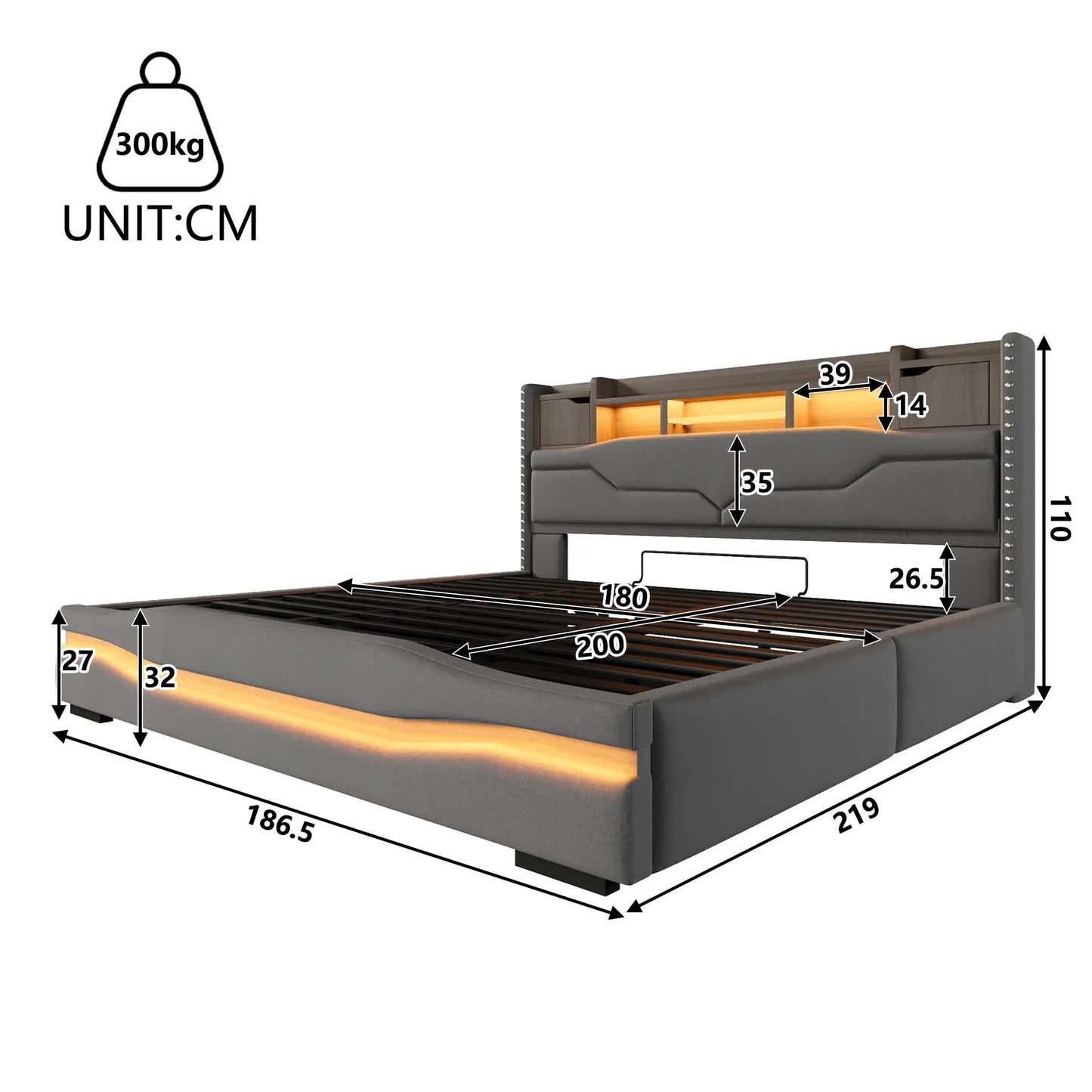 🛏️ CAMA TAPIZADA 180x200 CM CON CANAPÉ ABATIBLE HIDRÁULICO, LED Y USB – GRIS