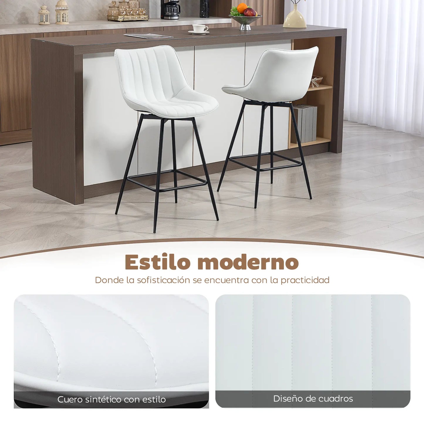 🪑 Juego de 2 Taburetes de Bar Giratorios 360° con Respaldo y Reposapiés – Tapizados en Cuero Sintético Blanco o Negro