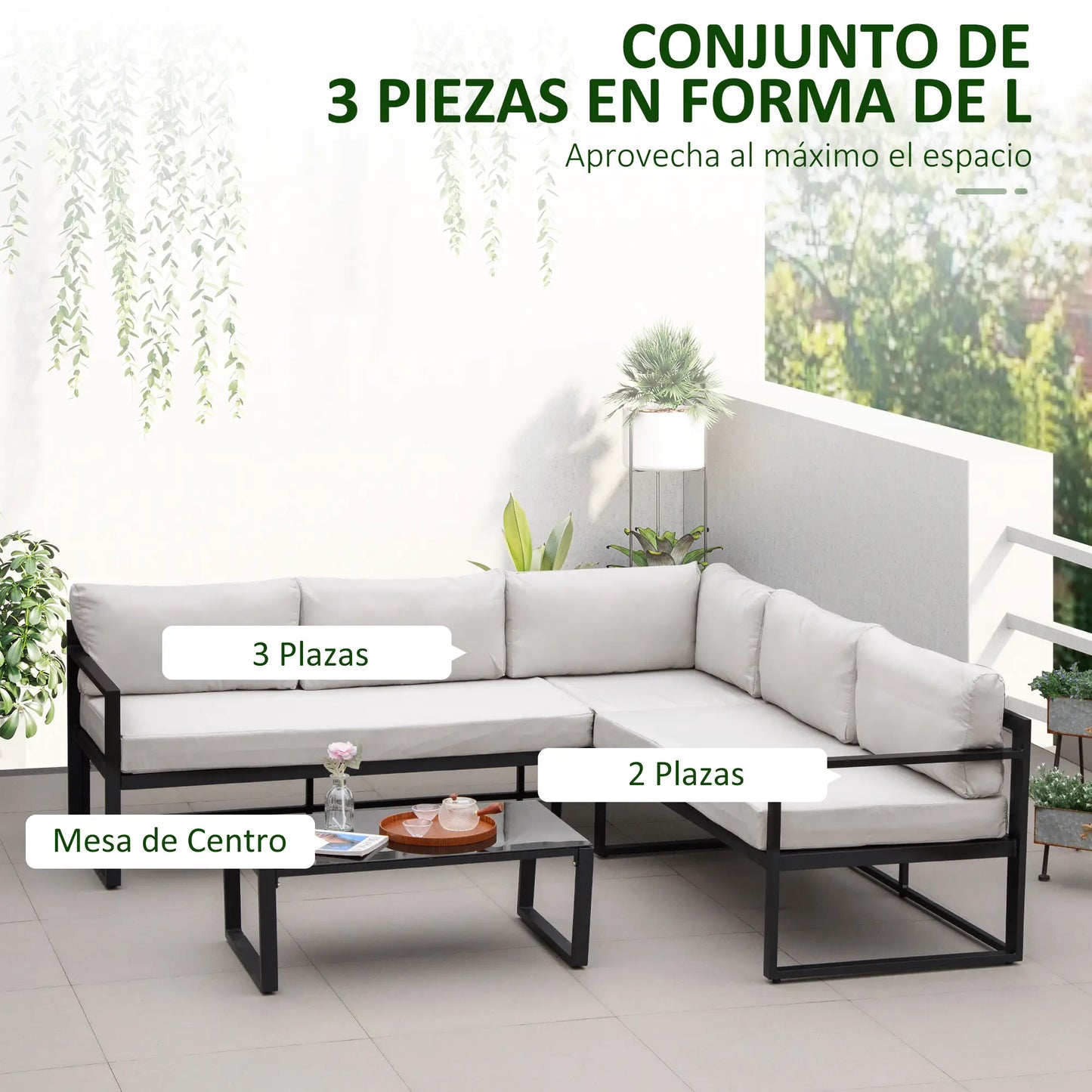 🌿 CONJUNTO DE JARDÍN 5 PLAZAS BARATO “LUXORIS” – SOFÁ EXTERIOR EN L + MESA