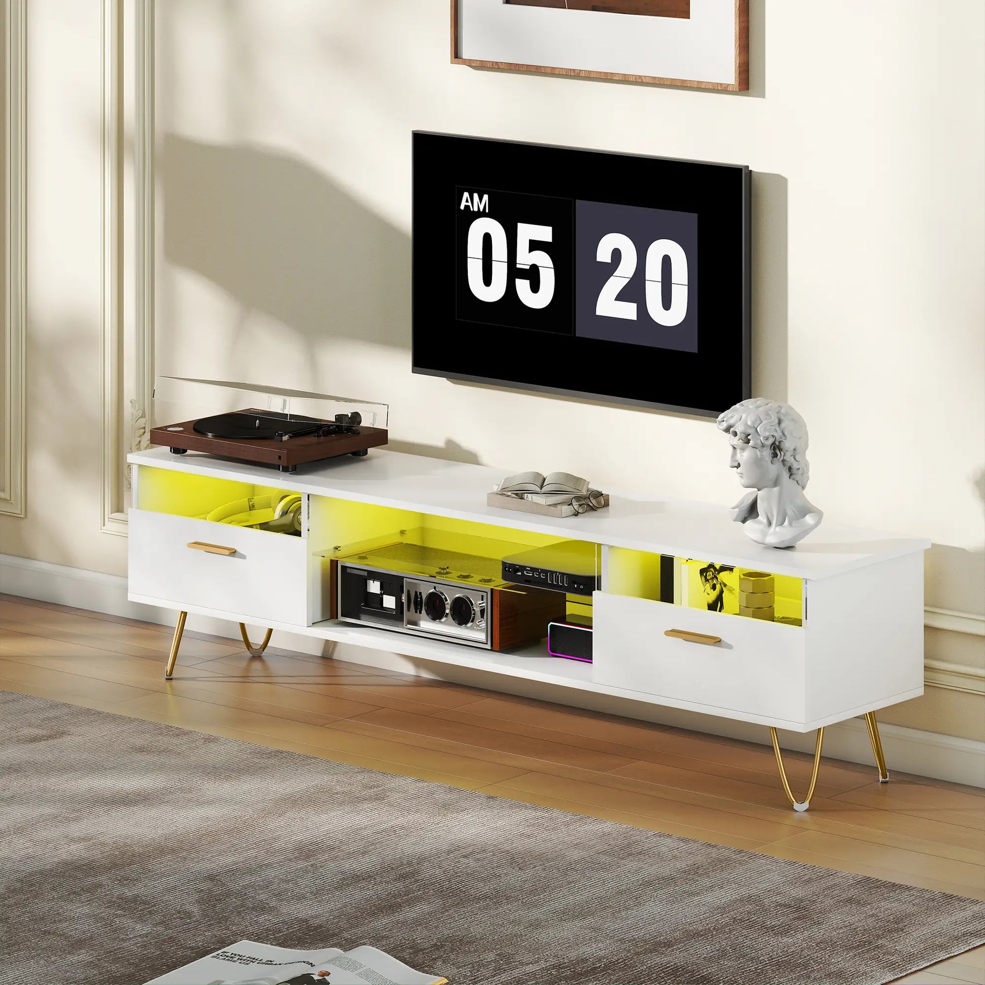 Mueble TV Blanco con LED RGB y Patas Doradas 160 cm image 5