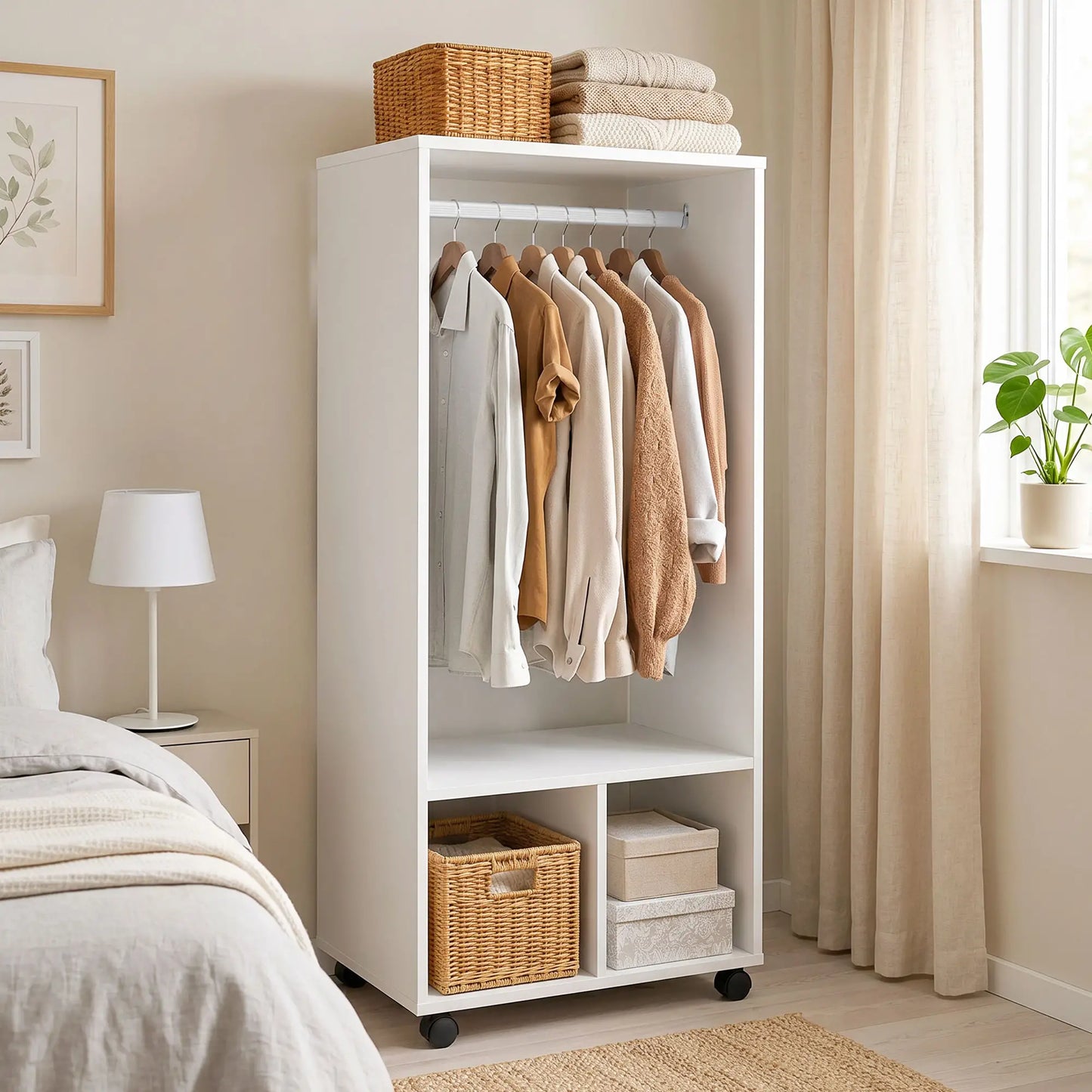 👕 ARMARIO ABIERTO CON RUEDAS 60 CM – BARRA PARA COLGAR Y ESTANTES – BLANCO Y ROBLE NATURAL