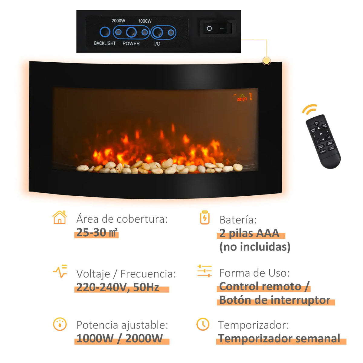 🔥 CHIMENEA ELÉCTRICA WALL FLAME 90 – DE PARED NEGRA CON LED MULTICOLOR Y MANDO A DISTANCIA