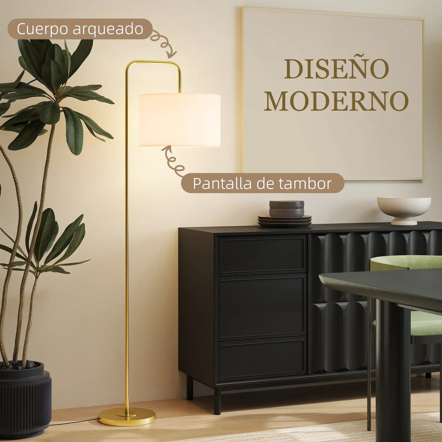 💡 Lámpara de Pie Moderna con Pantalla de Lino Sintético – Diseño Curvo Blanco y Dorado para Salón, Dormitorio y Oficina