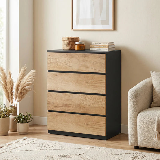 🖤 CÓMODA OAK BLACK 4C – 4 CAJONES NEGRO Y ROBLE SIN TIRADORES