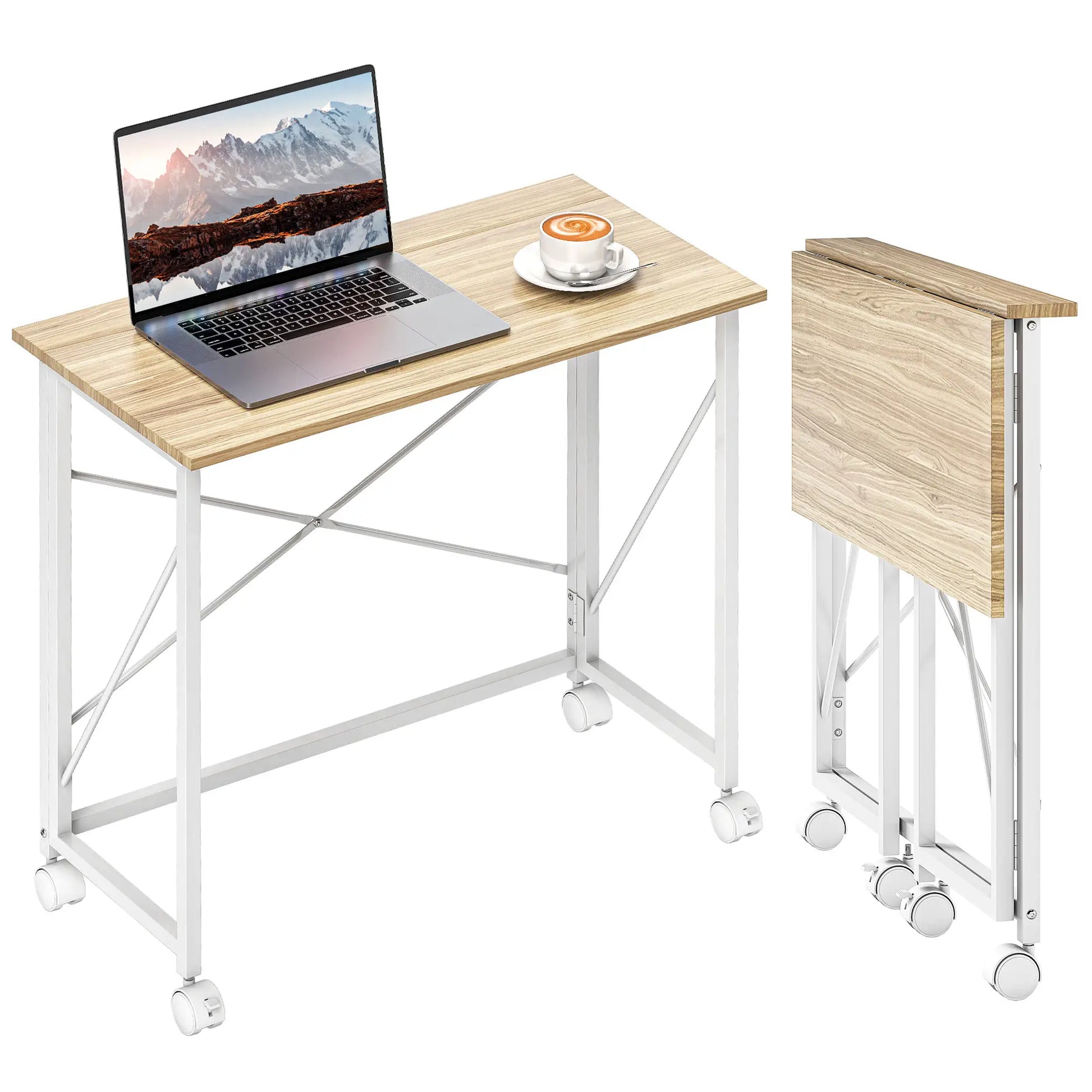 ESCRITORIO PLEGABLE CON RUEDAS FLEXIROLL 80x40 CM NATURAL Y BLANCO image 0
