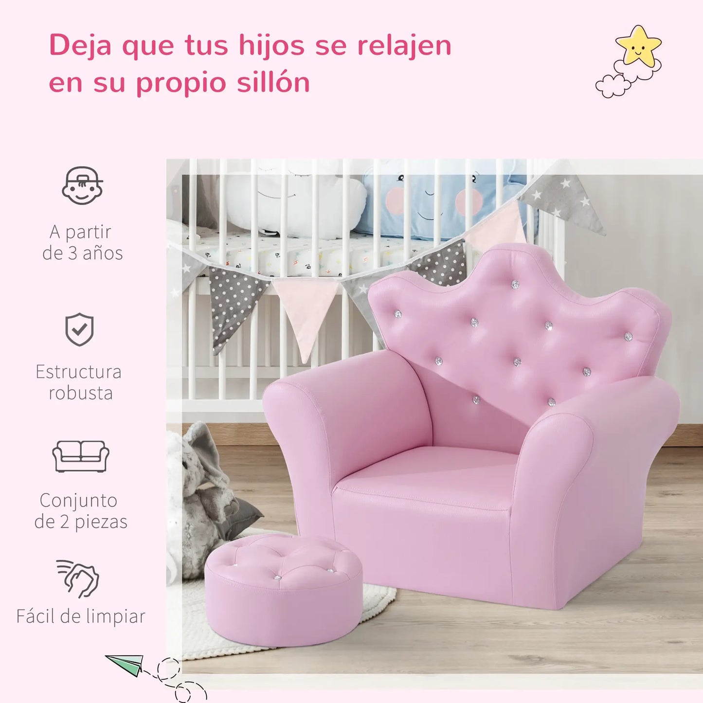 SILLÓN INFANTIL PRINCESS RELAX ROSA CON REPOSAPIÉS image 7