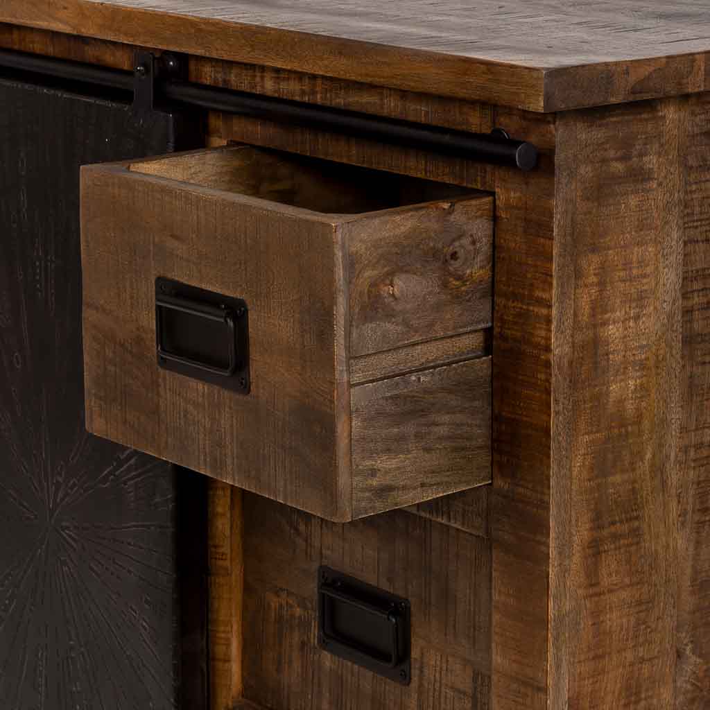 CÓMODA ÓXIDO ARTESANAL DE MADERA MACIZA CON PUERTA CORREDERA Y 3 CAJONES image 3