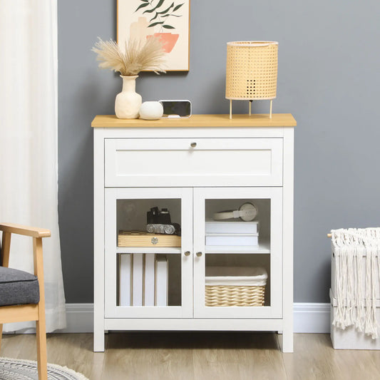 APARADOR DE COCINA MODERNO CON PUERTAS DE VIDRIO – BLANCO Y MADERA image 0